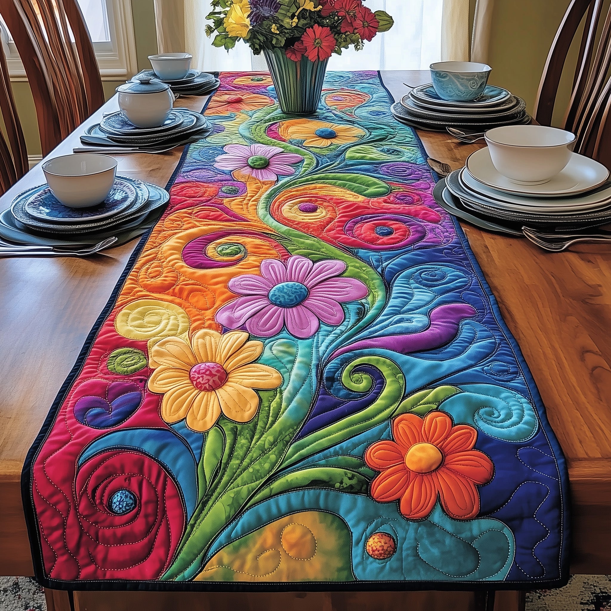 Colorful Blossoms Quilted Table Runner Dining Room Centerpieces Best Mom Ever Gifts