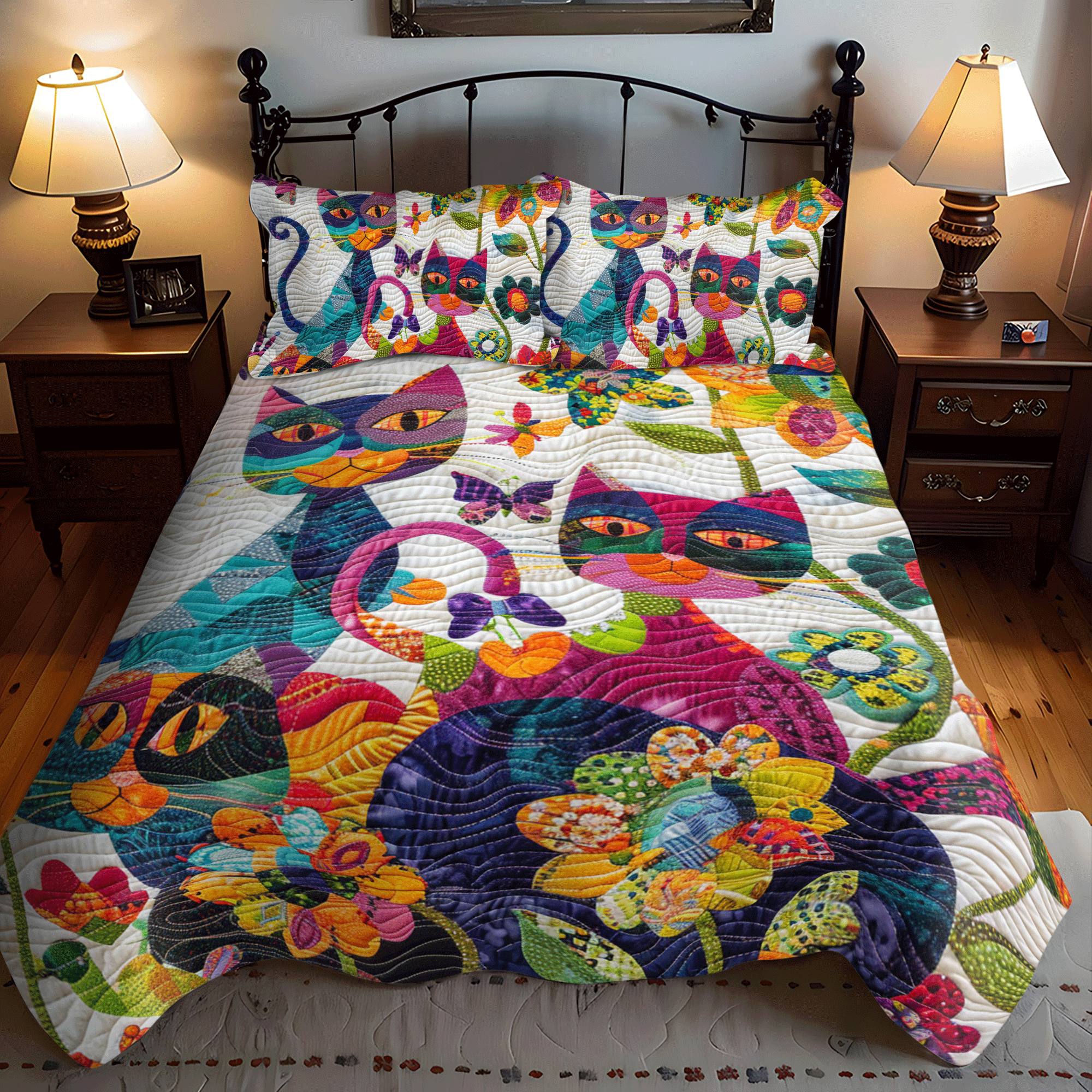 Colorful Cats Quilted Bedding Set Cute Queen Bed Sheets Great Cat Lover Gift Ideas