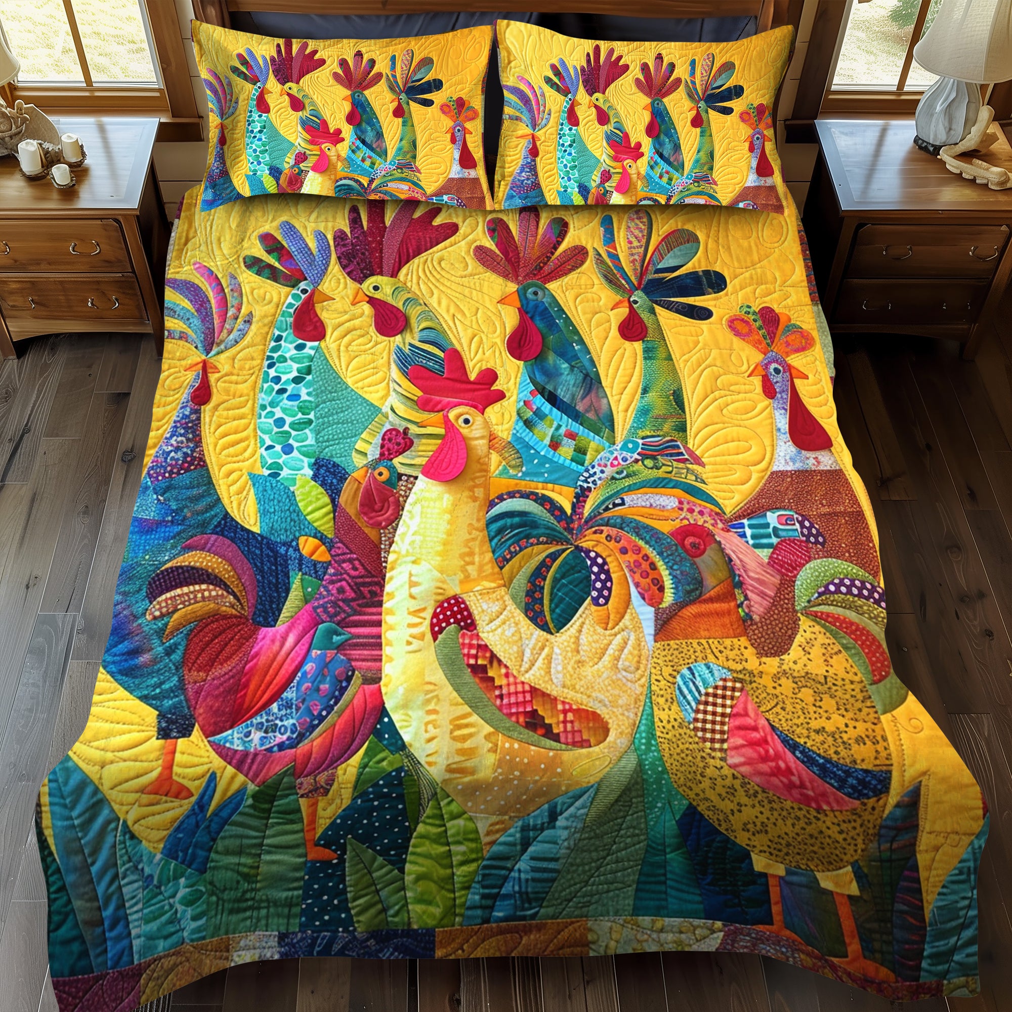Colorful Cockcrow Quilted Bedding Set Unique Bed Sheet Set Best Gifts For Chicken Lovers