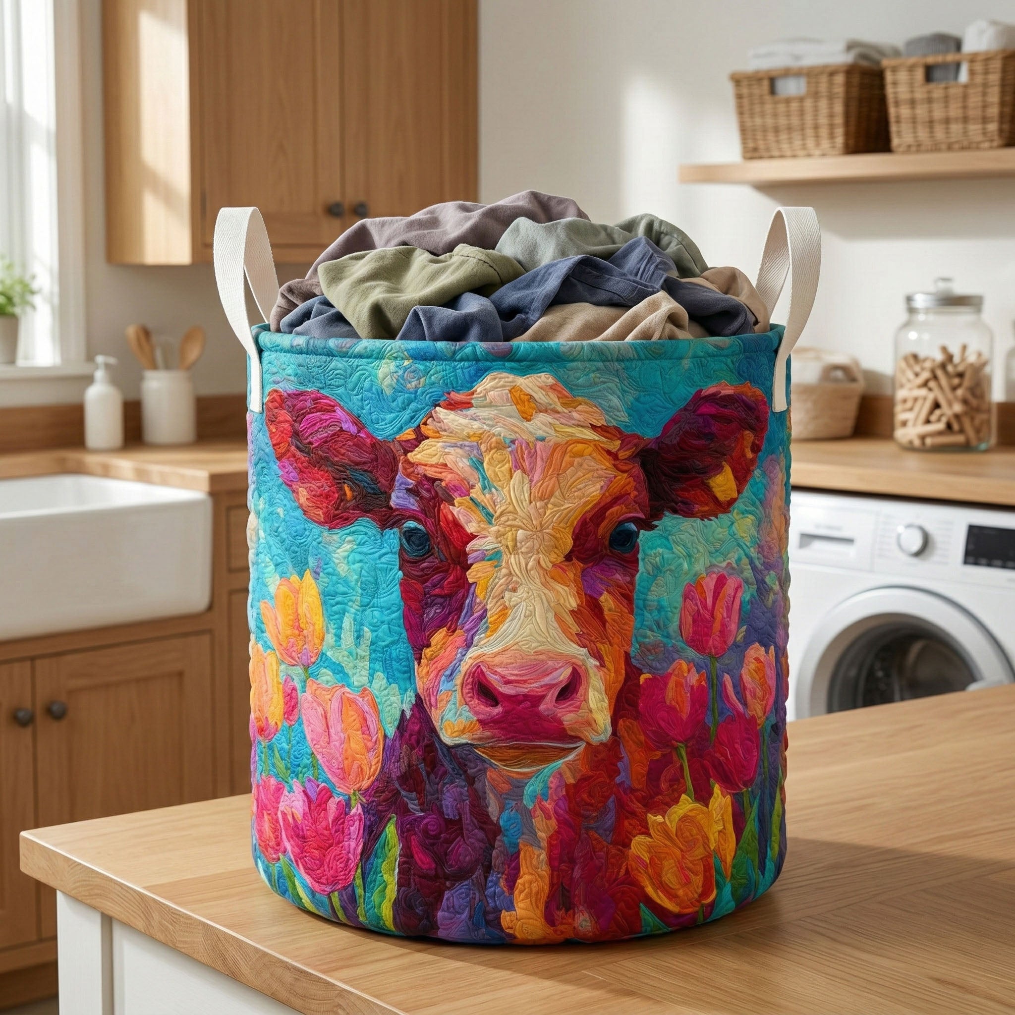 Colorful Cow Bloom Quilted Laundry Basket Best Clothes Hamper Cow Lover Gift Ideas