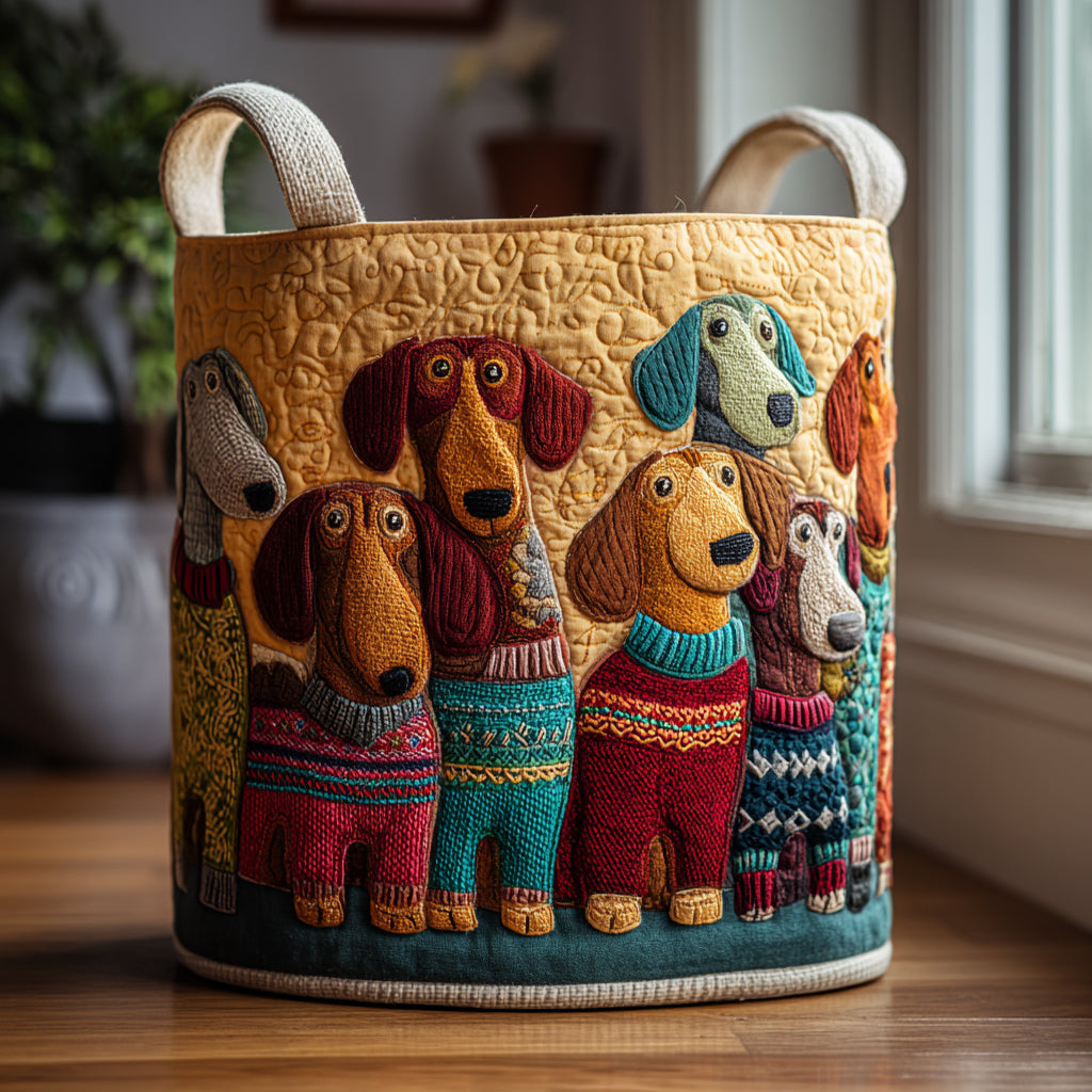 Colorful Dachshunds Quilted Laundry Basket Foldable Laundry Basket Dachshund Products Merchandise