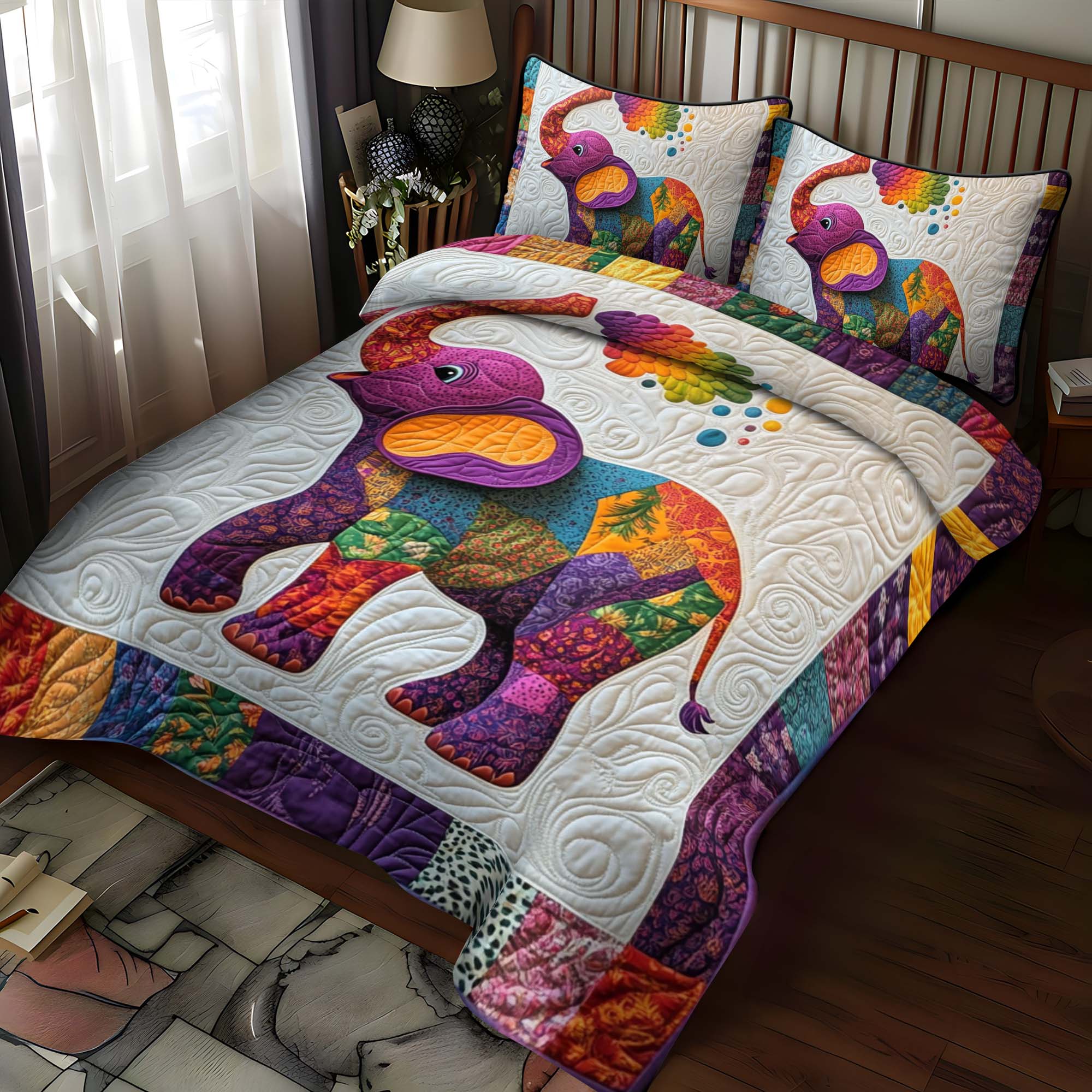 Colorful Elephant Quilted Bedding Set Best King Sheets Great Gift For Elephant Lover