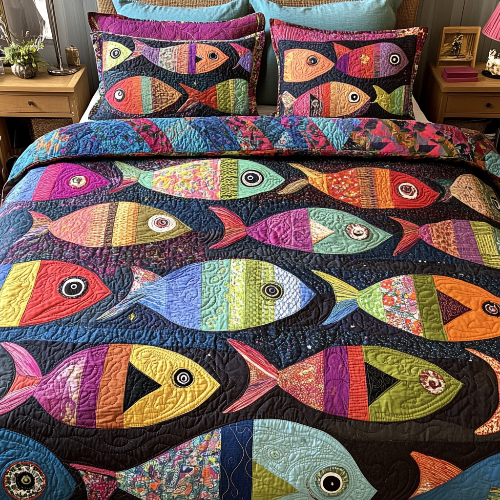 Colorful Fishes Quilted Bedding Set Unique Sheet Sets Presents For Sea Lovers
