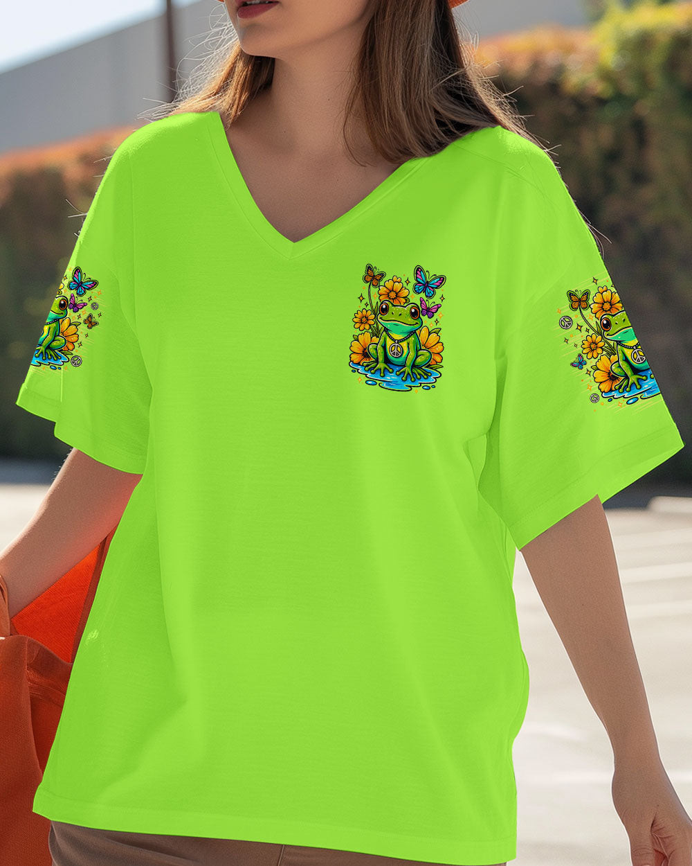Colorful Frog Be You The World Will Adjust V-Neck Shirt Bright Green Motivational Gift For Mom