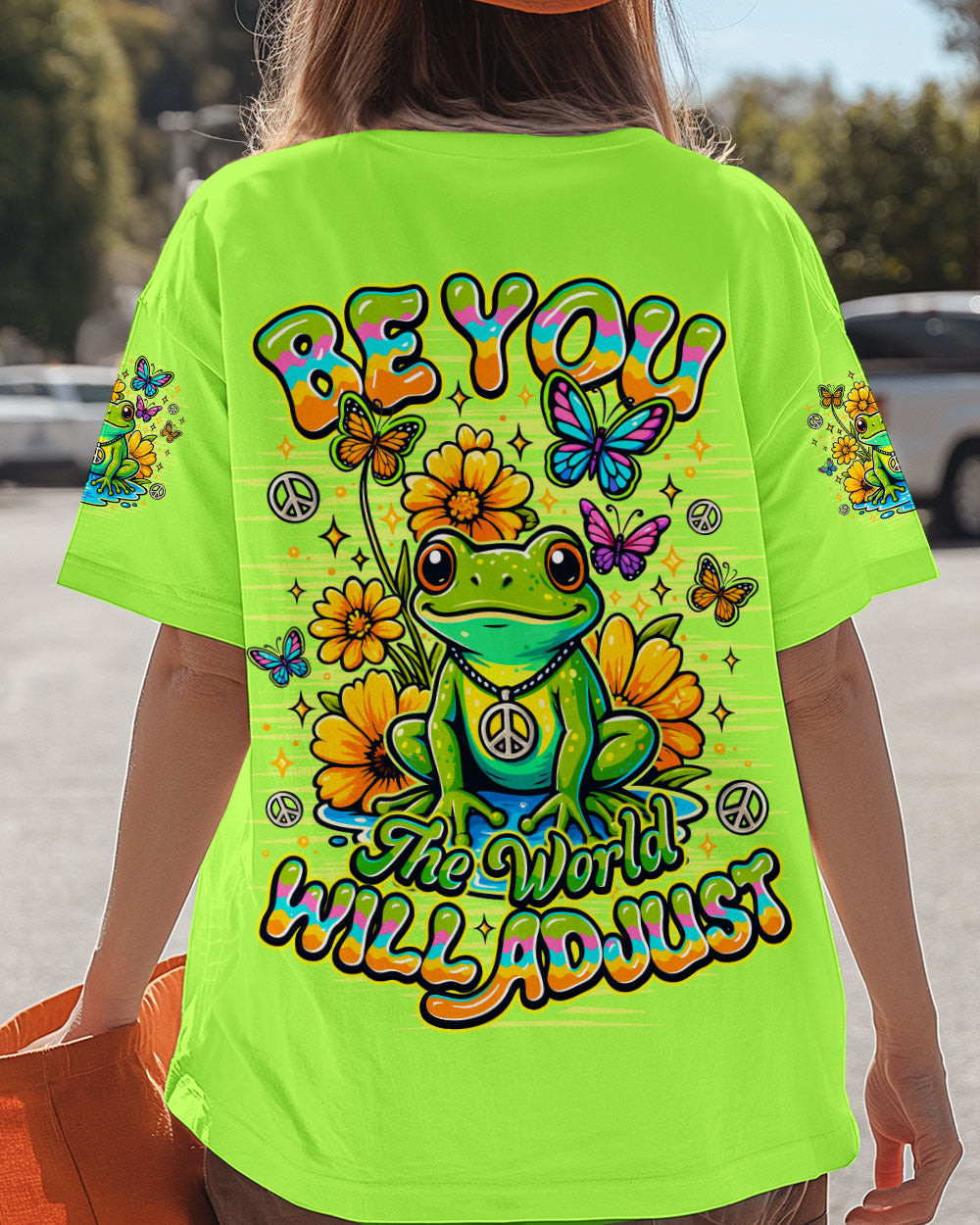 Colorful Frog Be You The World Will Adjust V-Neck Shirt Bright Green Motivational Gift For Mom - Image 2