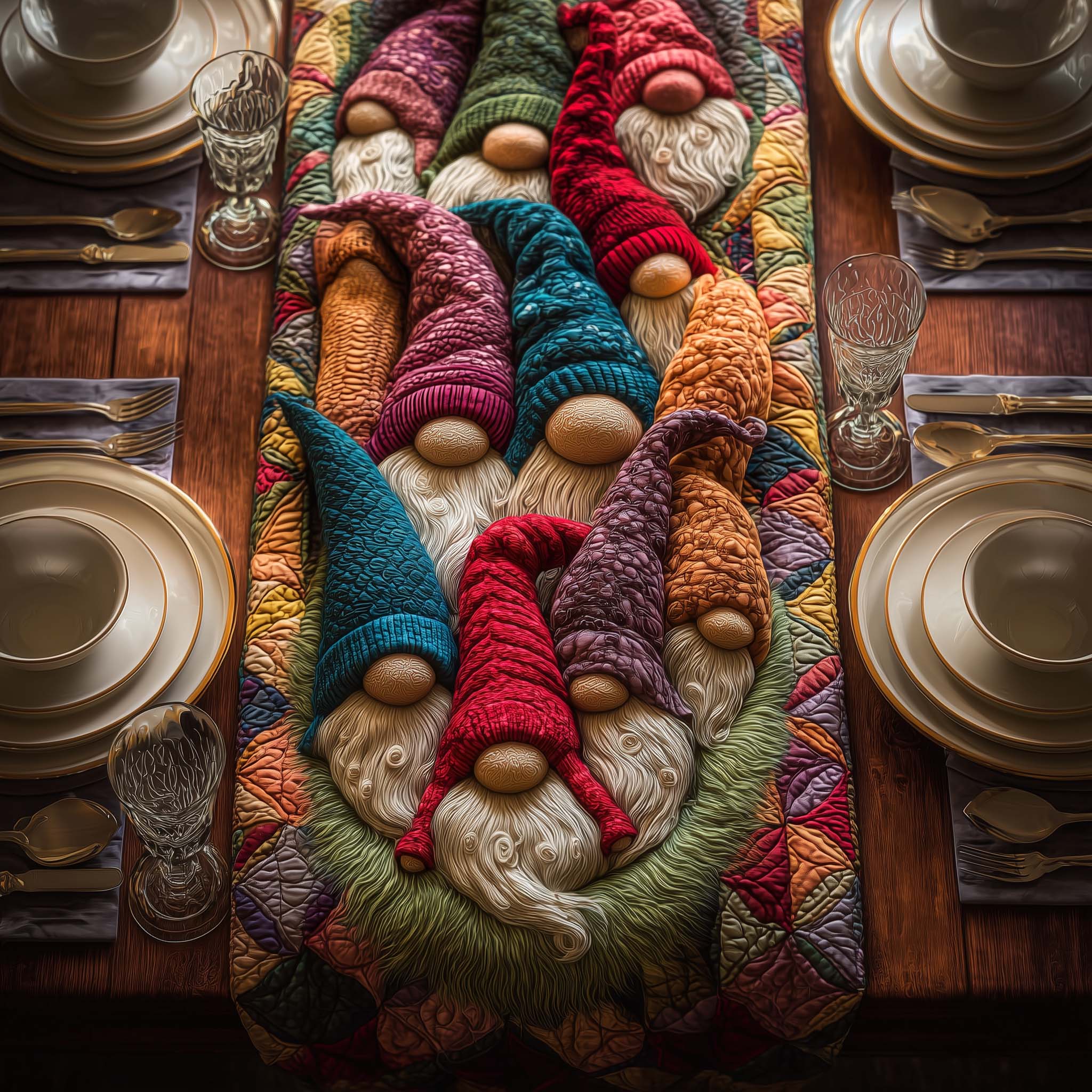 Colorful Gnomes Quilted Table Runner Holiday Themed Table Runners Gifts For Christmas For Mother In Law