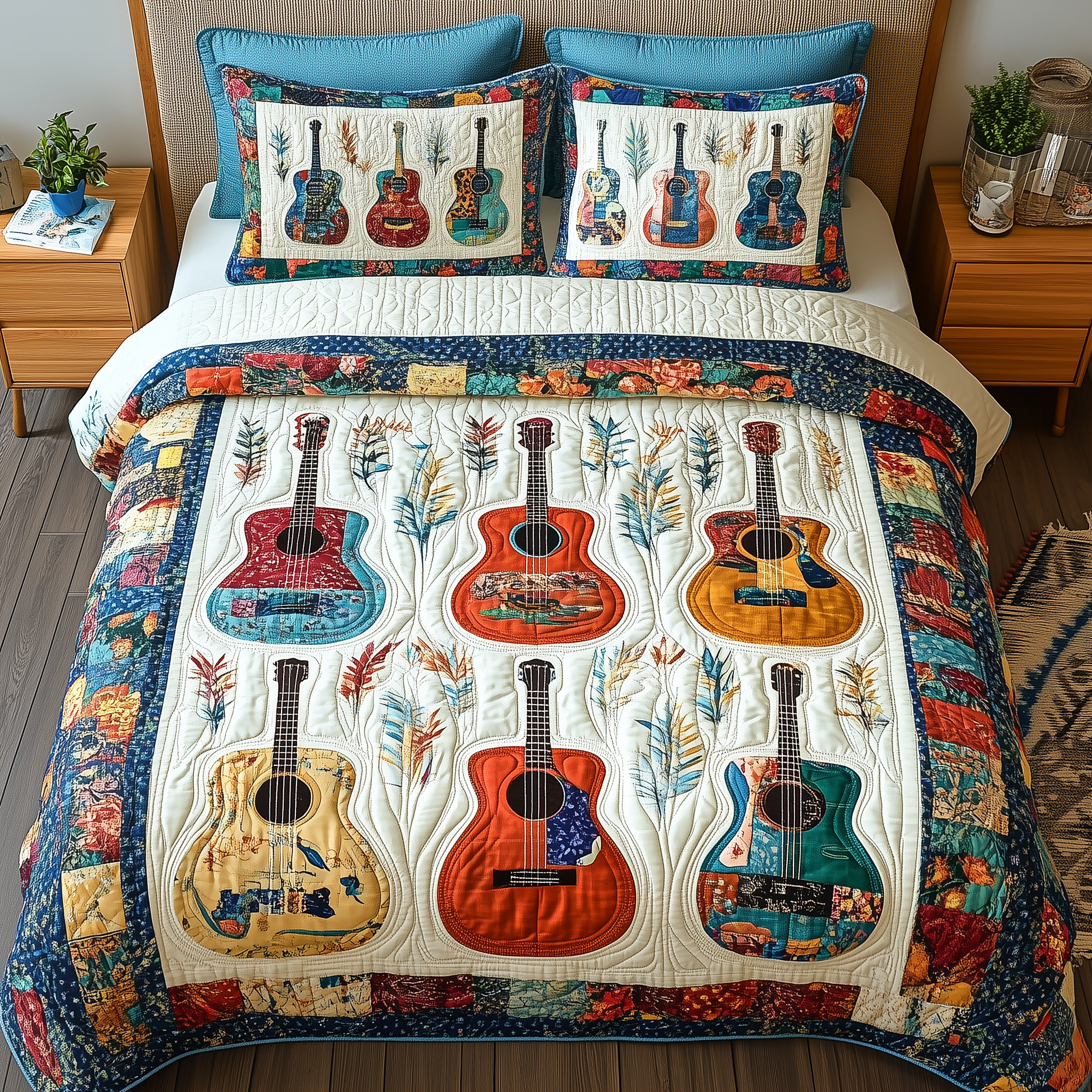 Colorful Guitars Quilted Bedding Set Best Bedsheets Gifts For Guitar Enthusiasts
