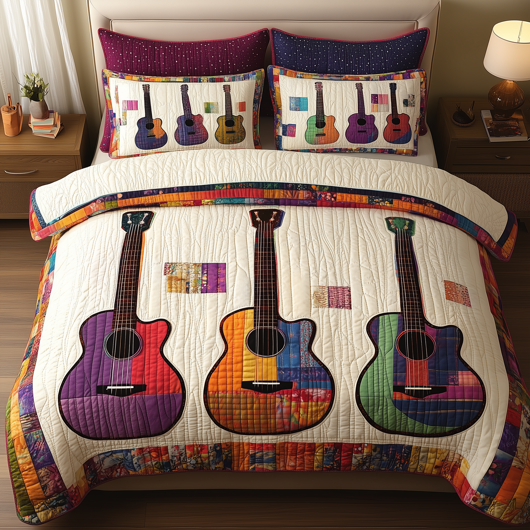 Colorful Guitars Quilted Bedding Set Unusual Bed Sheets Good Gifts For Guitar Players
