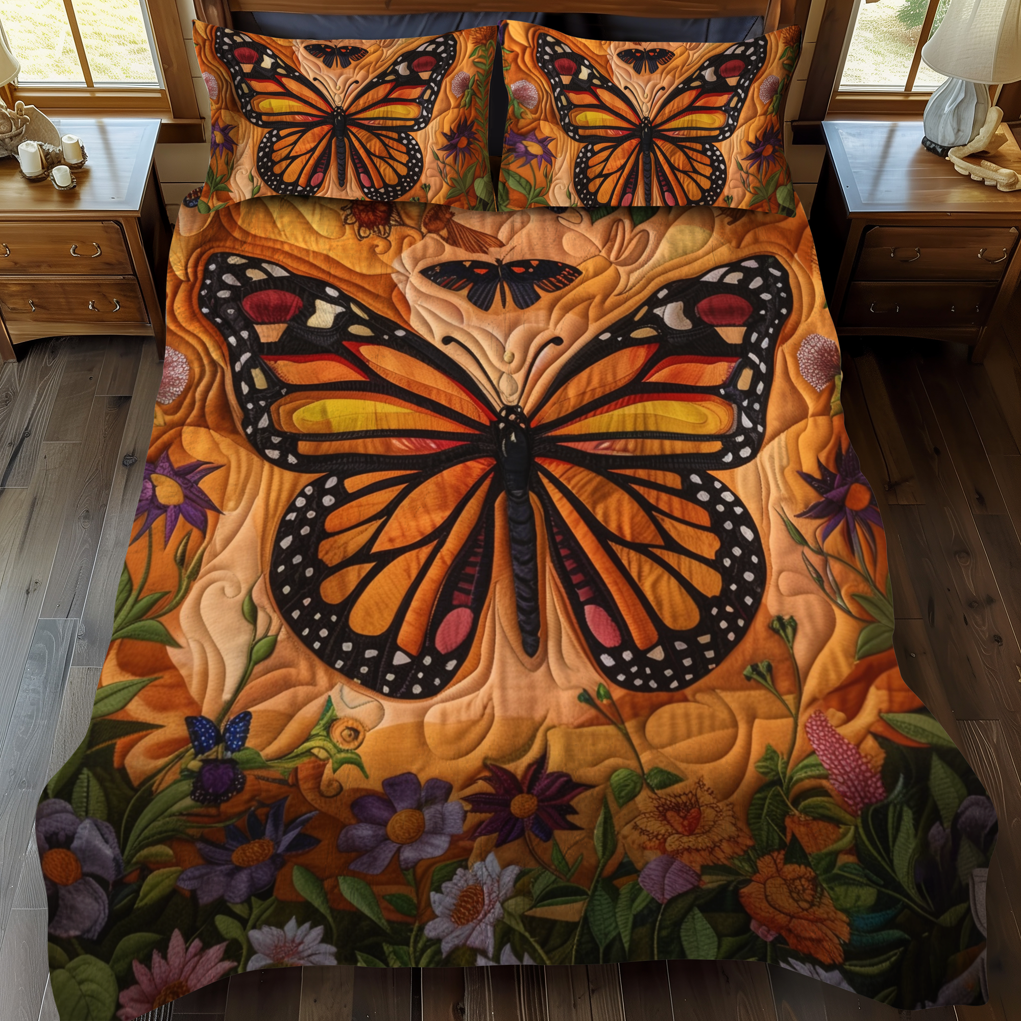 Colorful Monarch Butterflies Quilted Bedding Set Cute Bedsheets Gifts With Butterfly Theme