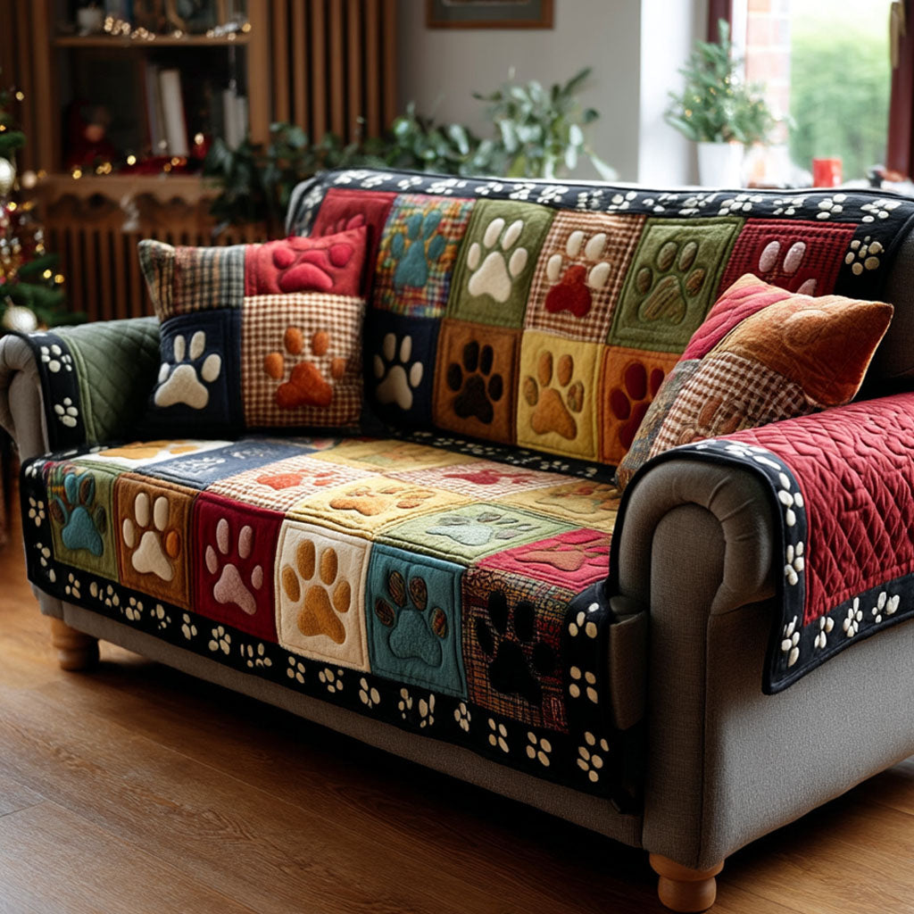 Colorful Paw Patchwork Quilted Sofa Cover Sofa Protector Dog Gifts For Dog Lovers