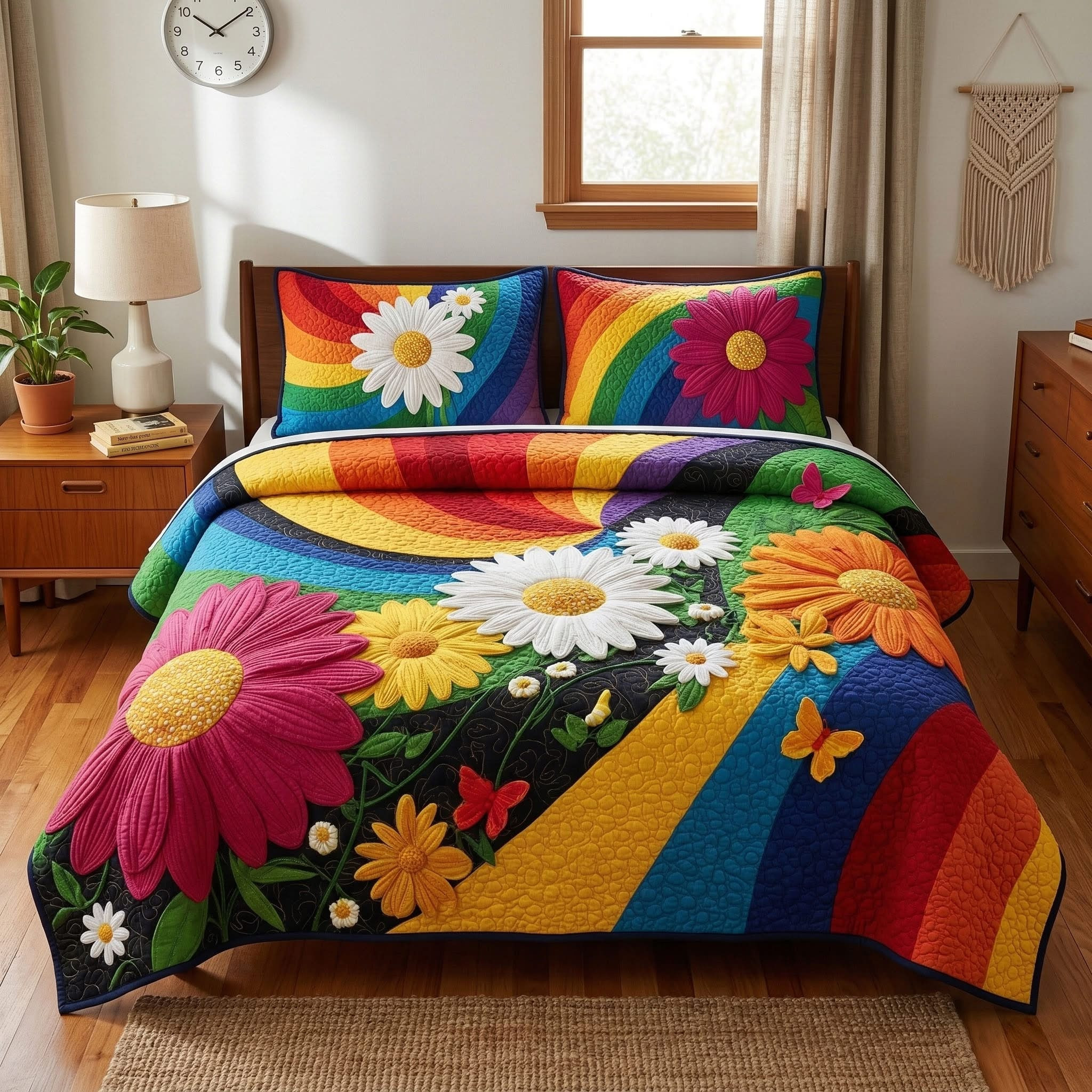Colorful Retro Blossoms Quilted Bedding Set Bedroom Decor Creative Mother's Day Gifts