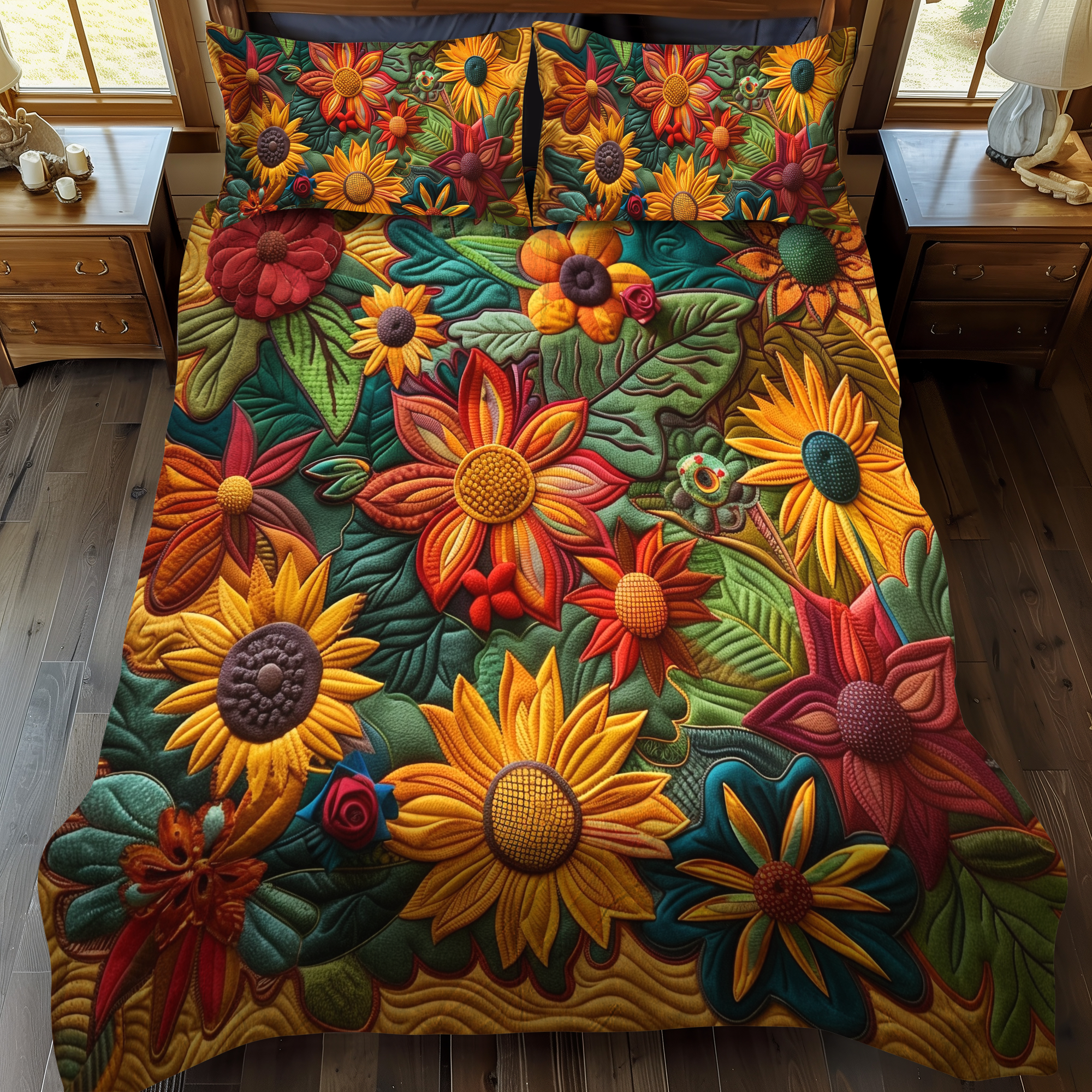 Colorful Sunflowers Quilted Bedding Set Best Bedspread Set Sunflower Gifts For Friends