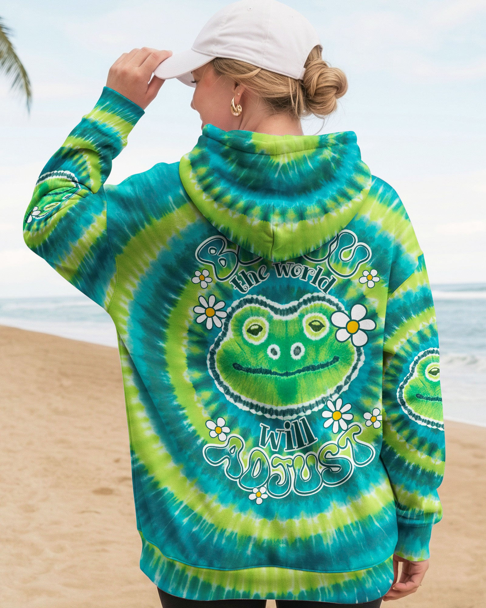Colorful Tie-Dye Frog Be You The World Will Adjust Hoodie Fun Smiling Frog With Daisy For Her - Image 2
