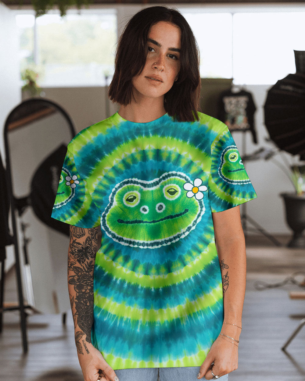 Colorful Tie-Dye Frog Be You The World Will Adjust T-Shirt Fun Smiling Frog With Daisy For Her