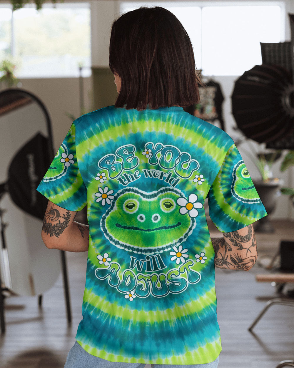 Colorful Tie-Dye Frog Be You The World Will Adjust T-Shirt Fun Smiling Frog With Daisy For Her - Image 2