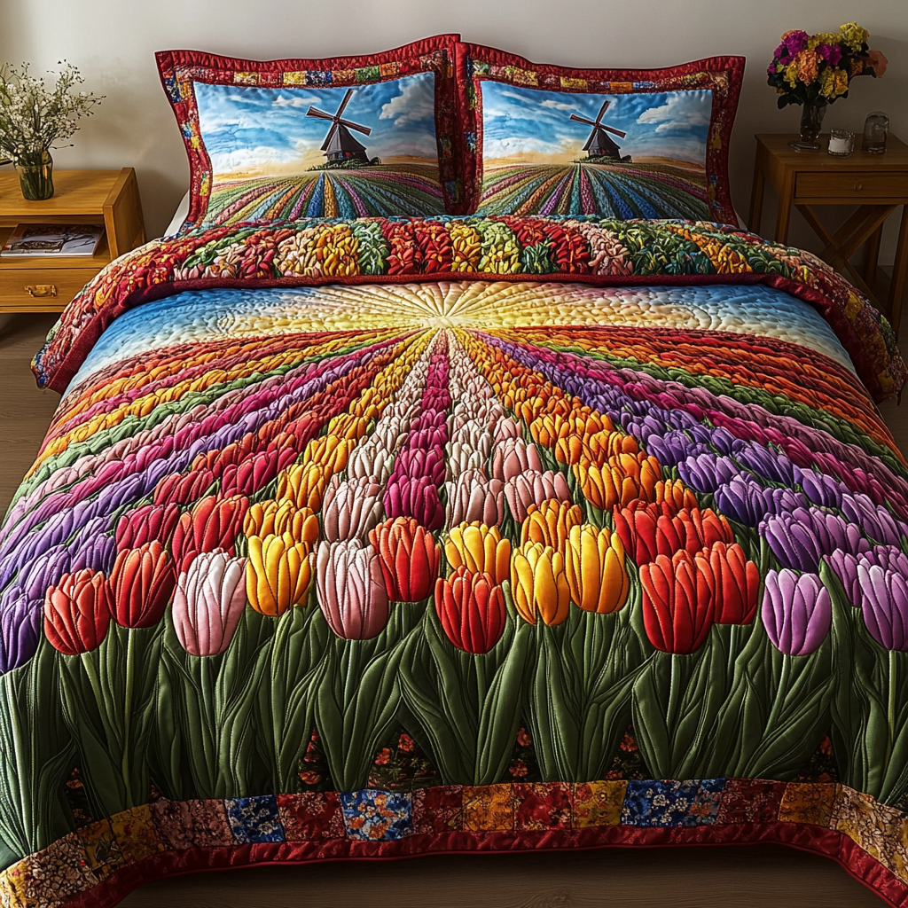 Colorful Tulips Quilted Bedding Set Best Bedspread Set Tulip Gifts For Her