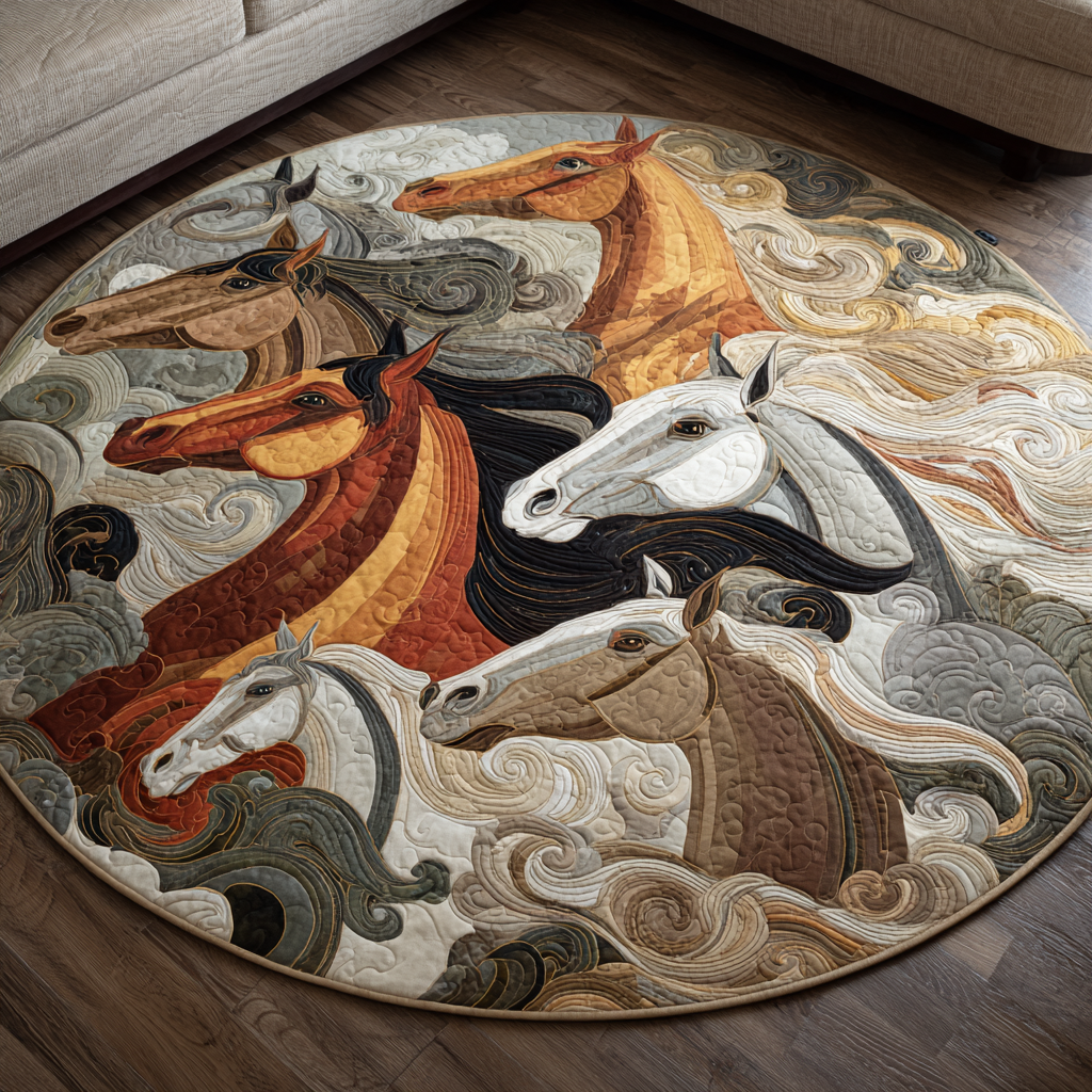 Colorful Wild Horse Quilted Round Mat Round Carpet Mats Gifts For People Who Like Horses