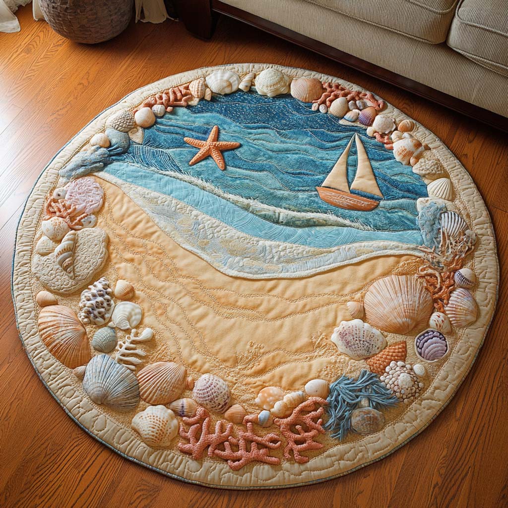 Coral Tidewave Quilted Round Mat Indoor Round Rugs Summer Gifts For Beach Lovers