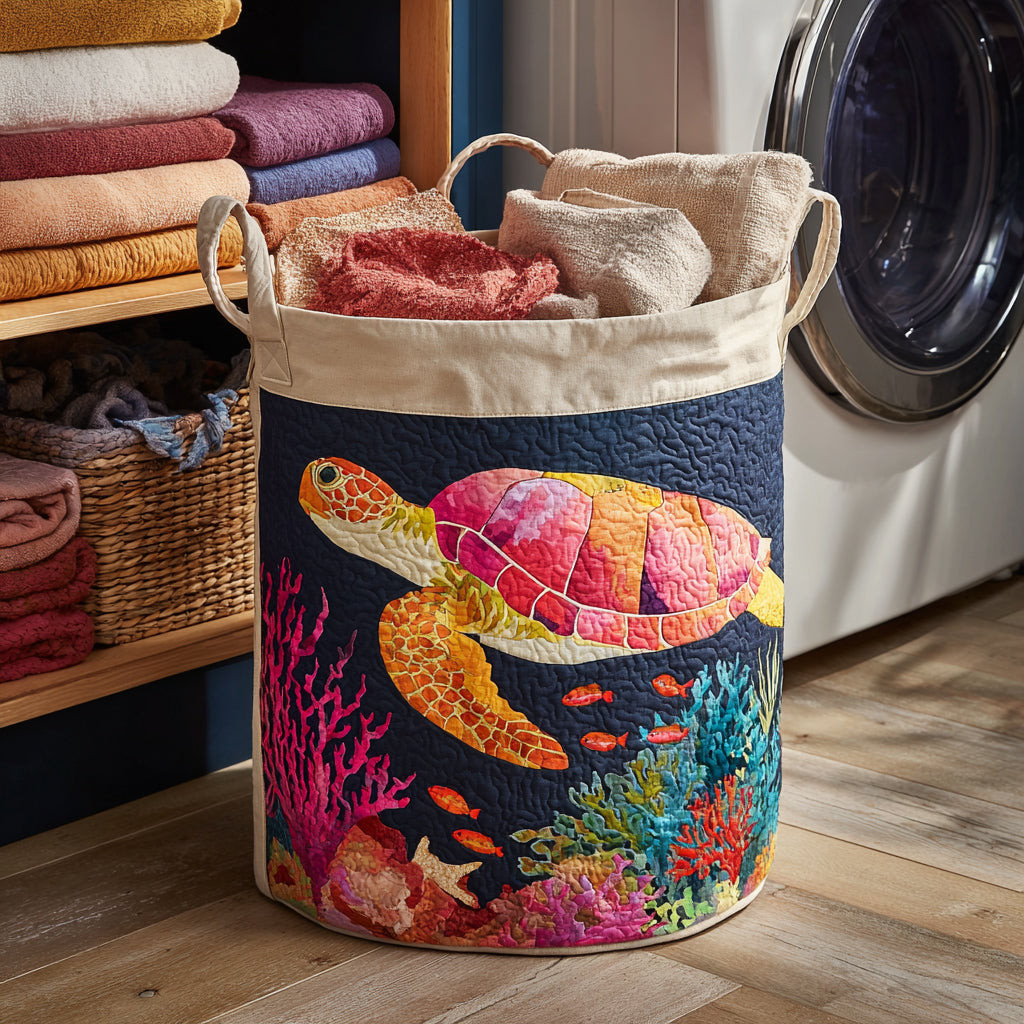 Coral Turtle Bloom Quilted Laundry Basket Folding Laundry Hamper Sea Turtle Gift Ideas For Her