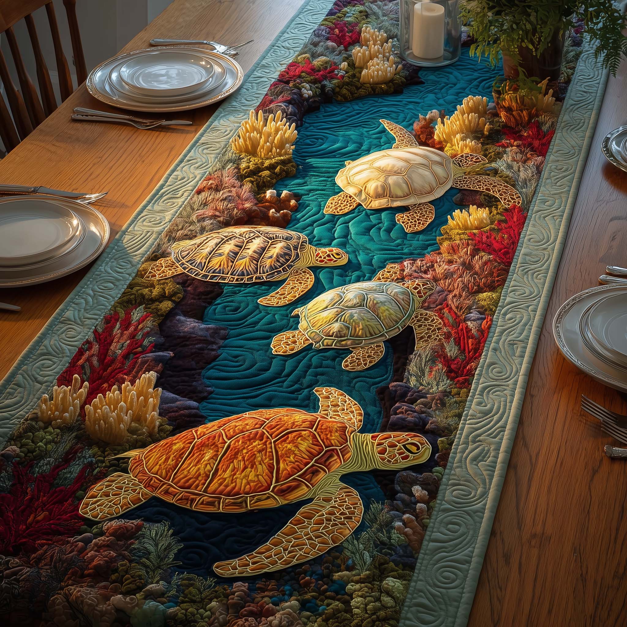 Coral Turtles Quilted Table Runner Dining Room Table Decor Ideas Cute Turtle Themed Gifts