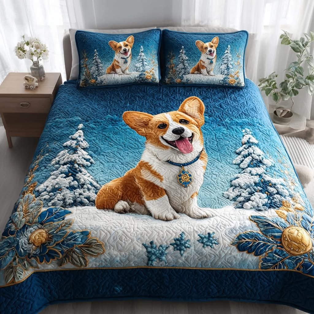 Corgi Christmas Quilted Bedding Set Duvet Cover Cute Best Gifts For Corgi Lovers Owners