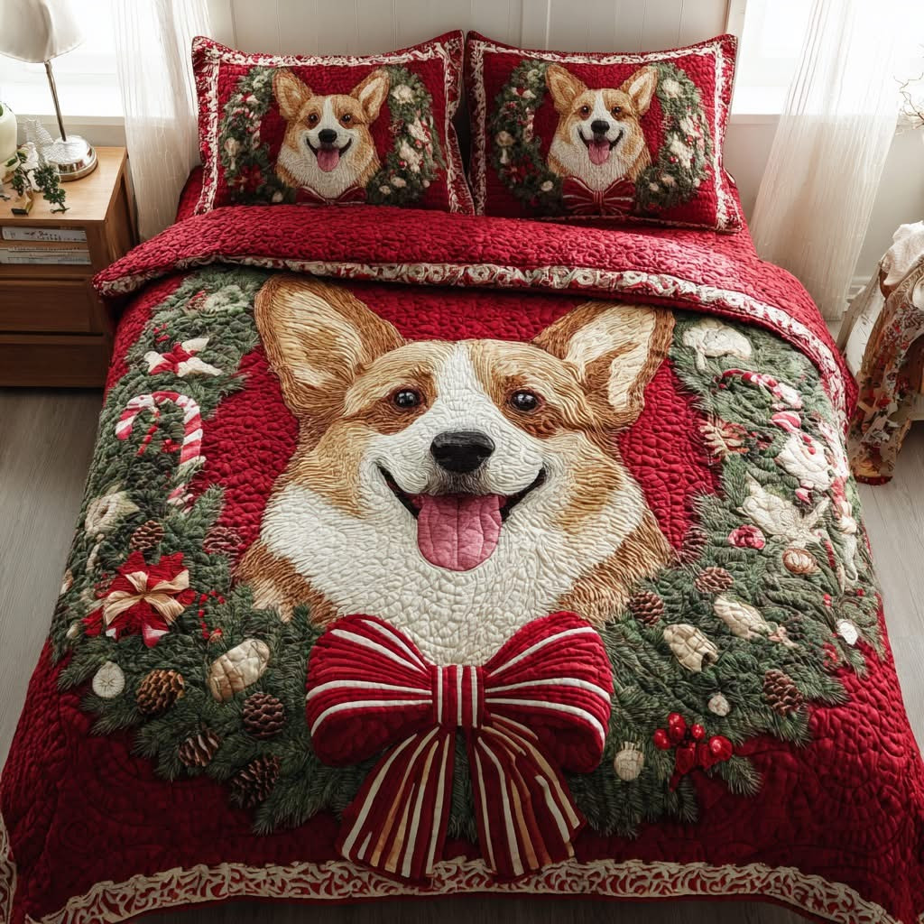 Corgi Christmas Quilted Bedding Set Duvet Cover Holiday Cute Corgi Themed Gifts Dog Lovers