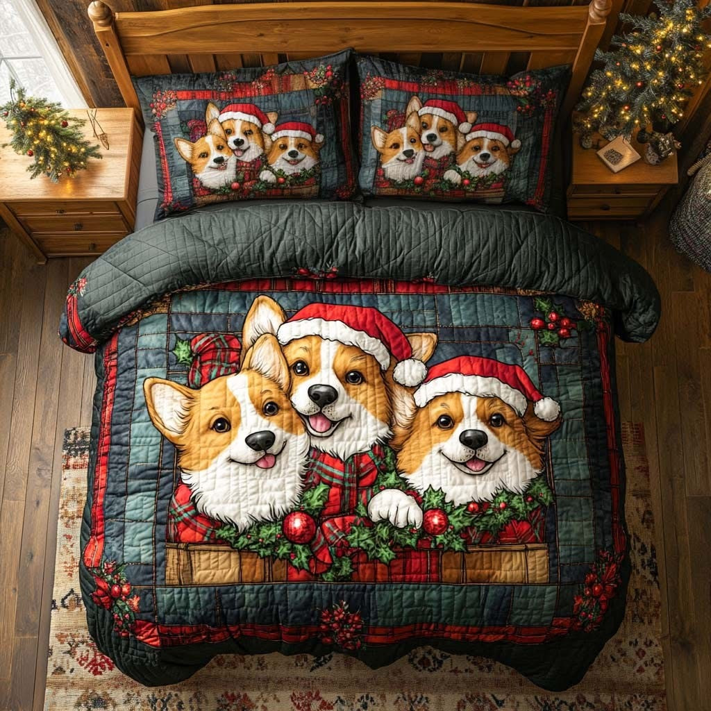 Corgi Joy Christmas Quilt Bedding Set Duvet Cover Holiday Bedspread Set Corgi Gifts For Her