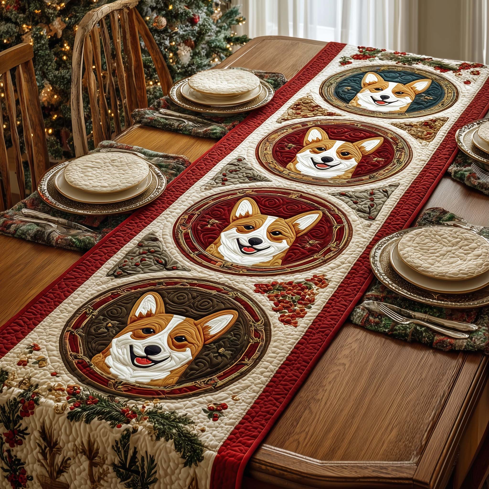 Corgi Wreath Quilted Table Runner Christmas Dining Table Runner Christmas Gifts For Coworkers