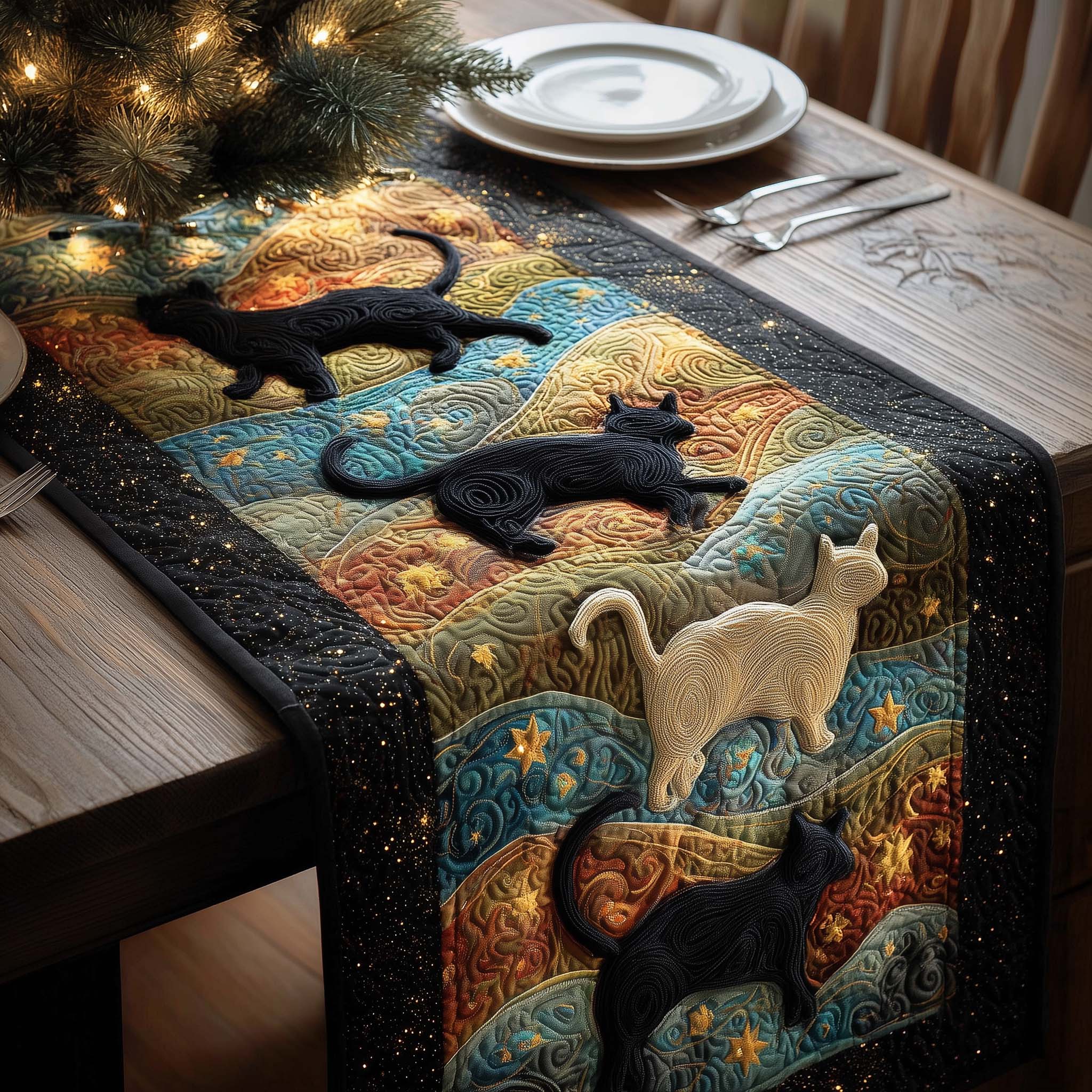 Cosmic Cats Quilted Table Runner Best Christmas Dinner Table Decorations Good Gifts For Cat Lovers