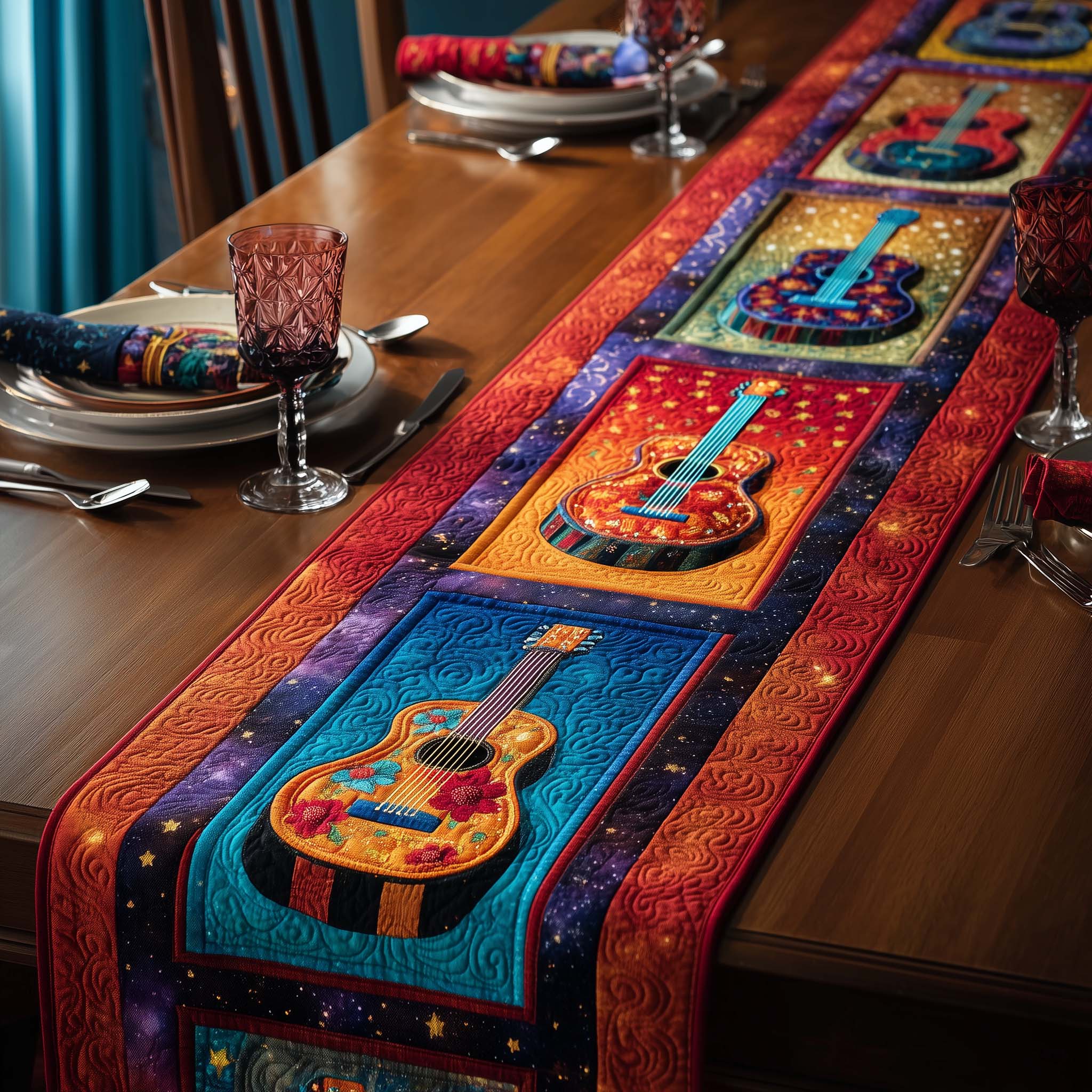 Cosmic Guitars Quilted Table Runner Dining Room Table Decor Cool Gifts For Guitar Players