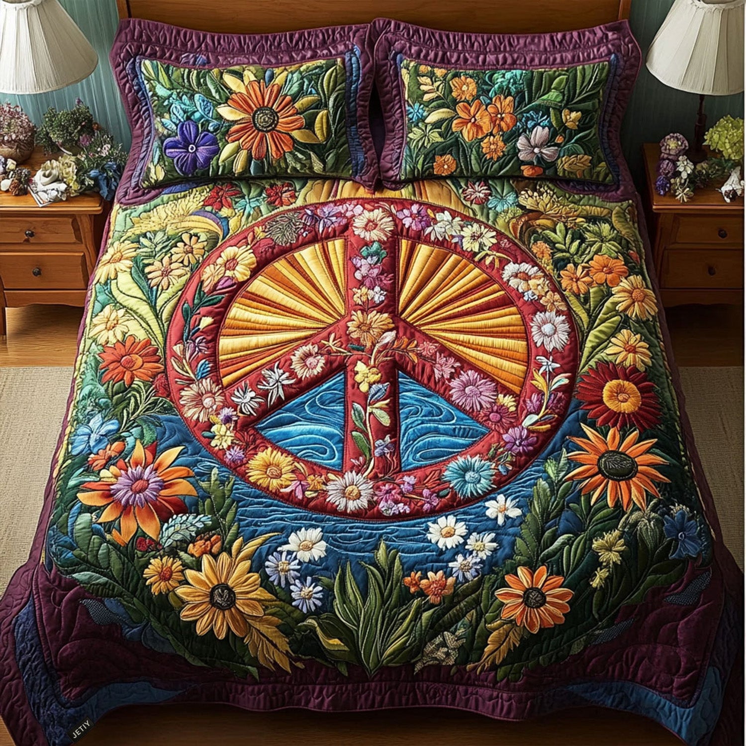 Cosmic Peace Quilted Bedding Set Best Bed Sheet Set Hippy Gift Ideas