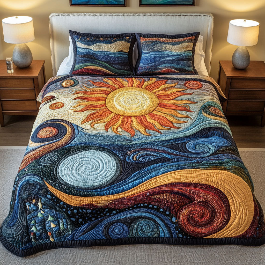 Cosmic Sunrise Quilted Bedding Set Unusual Bed Sheets Great Gifts For Dad