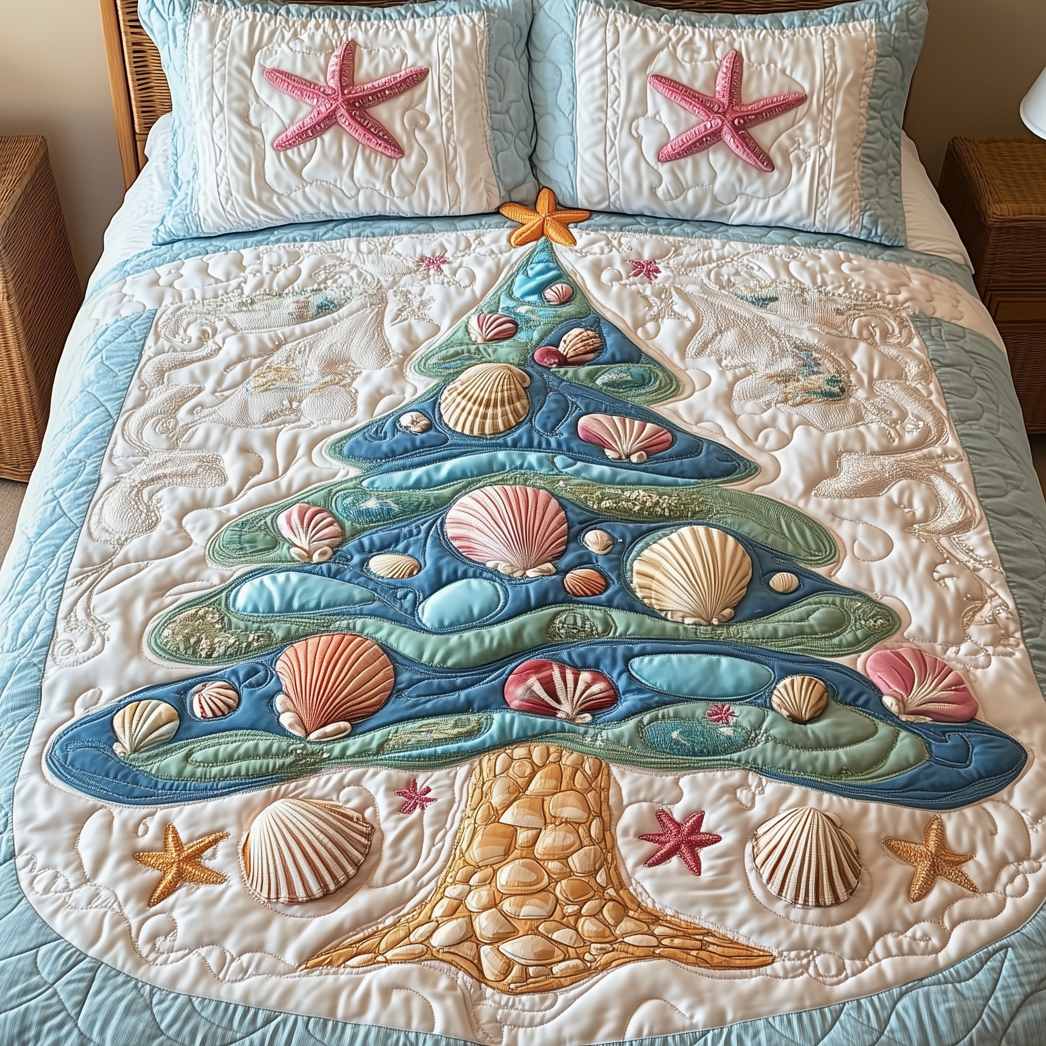 Costal Christmas Tree Quilted Bedding Set Xmas Bedroom Xmas Gift Ideas
