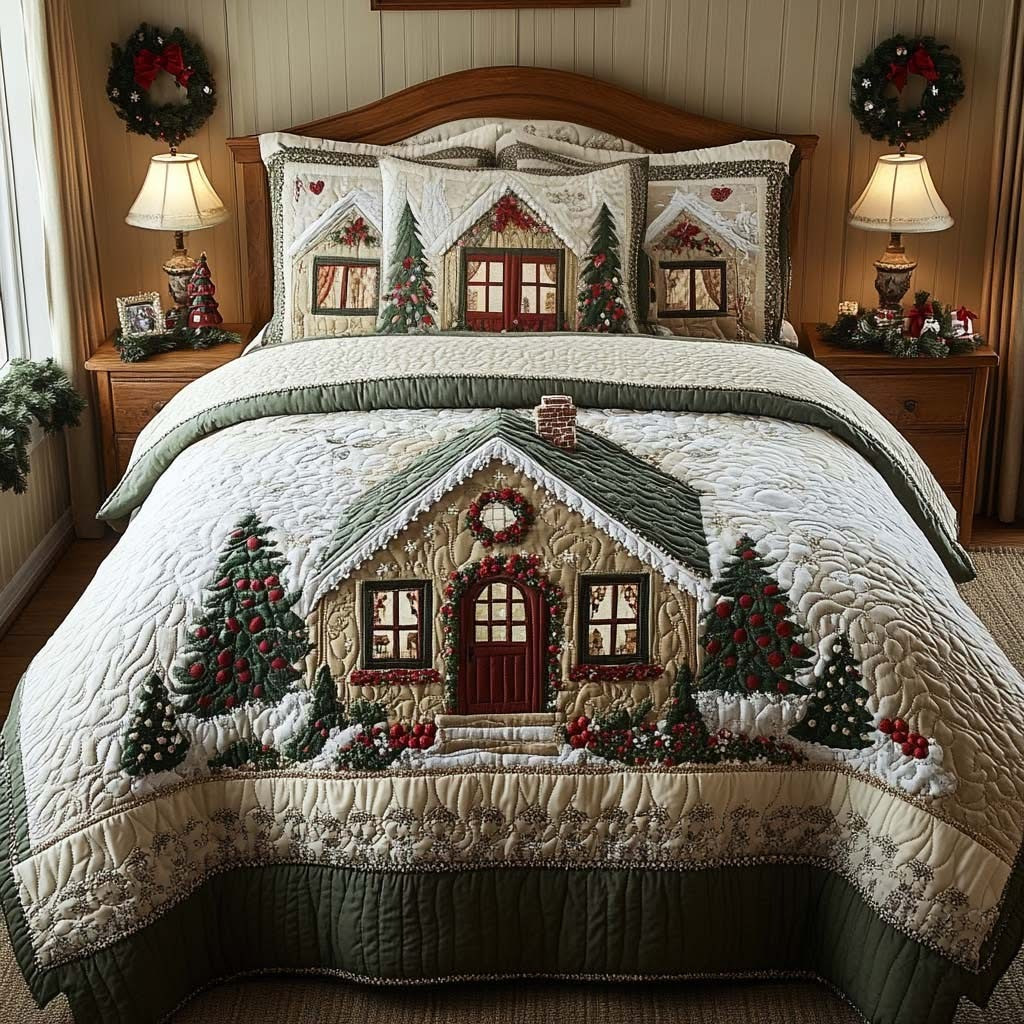 Cottage Christmas Quilted Bedding Set Cozy Duvet Cover Xmas Gift For Your Family