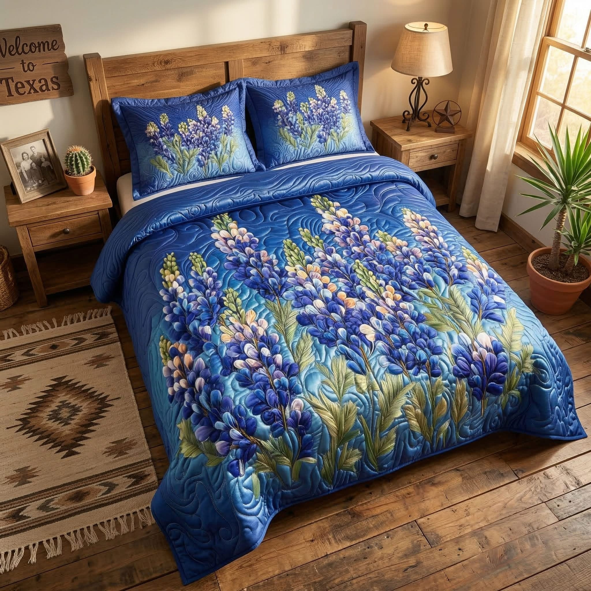 Country Bloom Quilted Bedding Set Bluebonnet Floral Duvet Cover Set Texan Gift Items