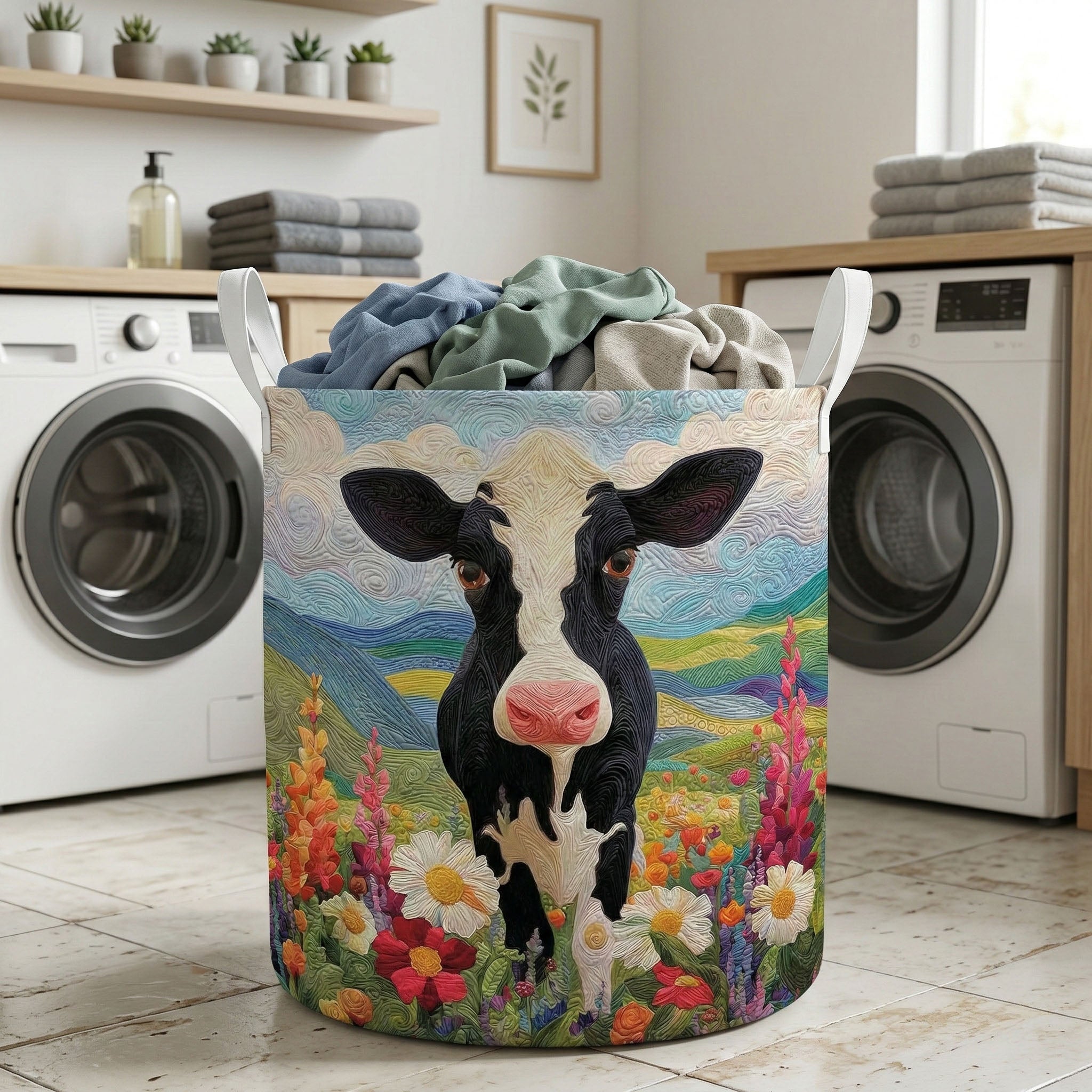 Country Cow Bloom Quilted Laundry Basket Laundry Room Decor Cute Cow Themed Gifts