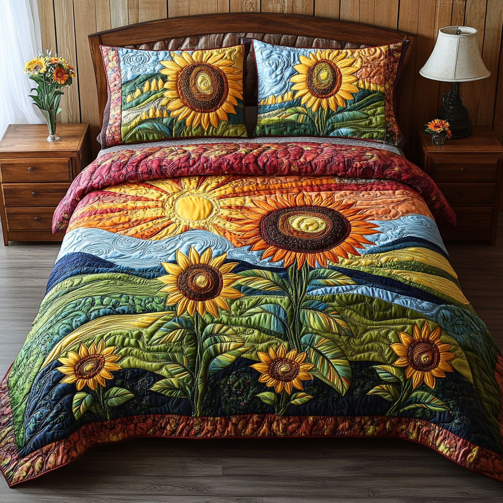Country Sunbeam Quilted Bedding Set Bedspread Set Gifts For Sunflower Lovers