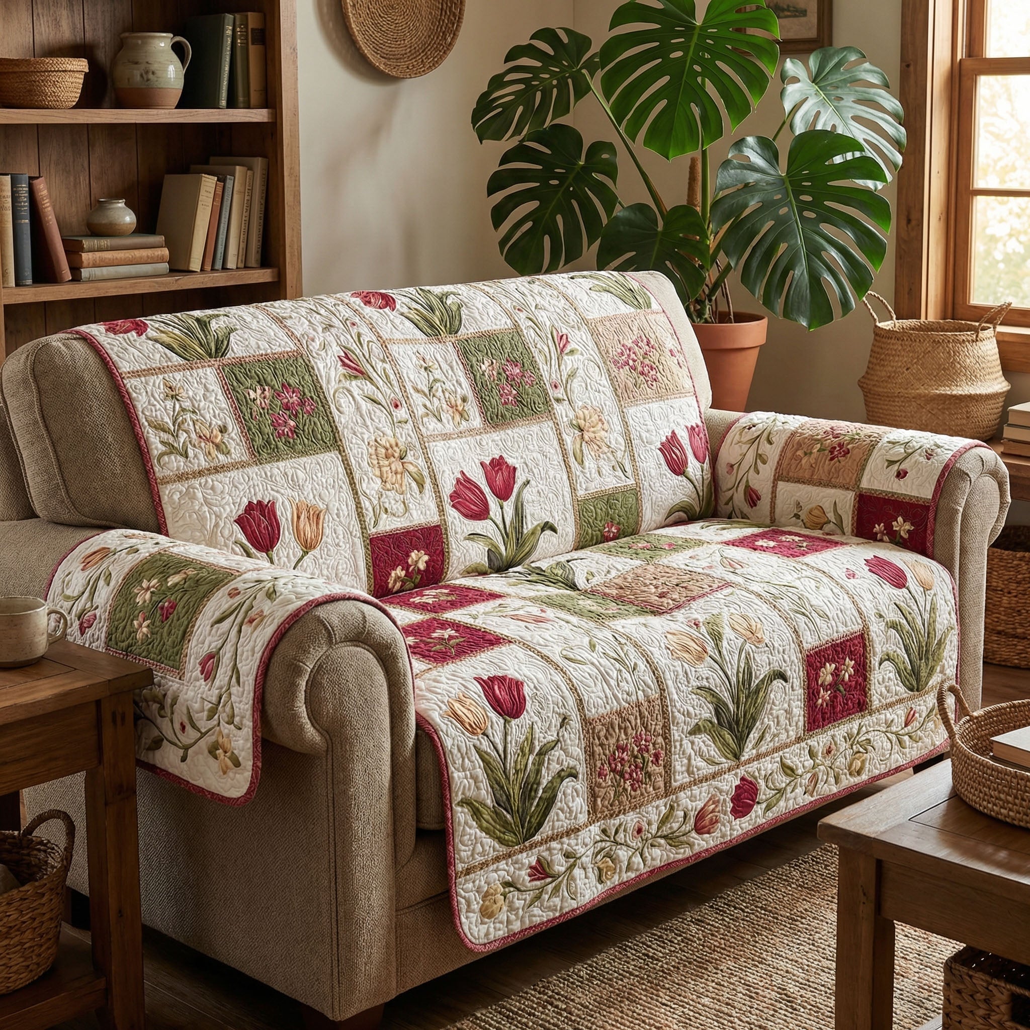 Country Tulip Meadow Quilted Sofa Cover Sofa Cover Couch Easter Gifts For Family