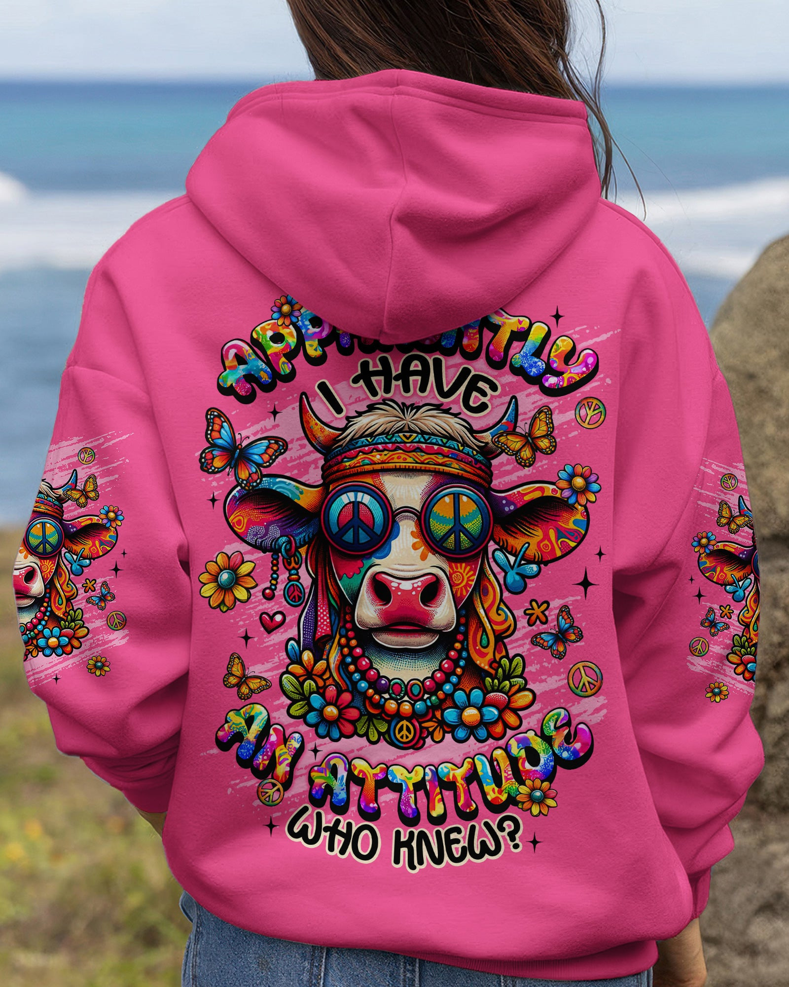 Cow Apparently I Have An Attitude Hoodie Colorful Cow With Peace Glasses Flowers Gift For Wife - Image 2