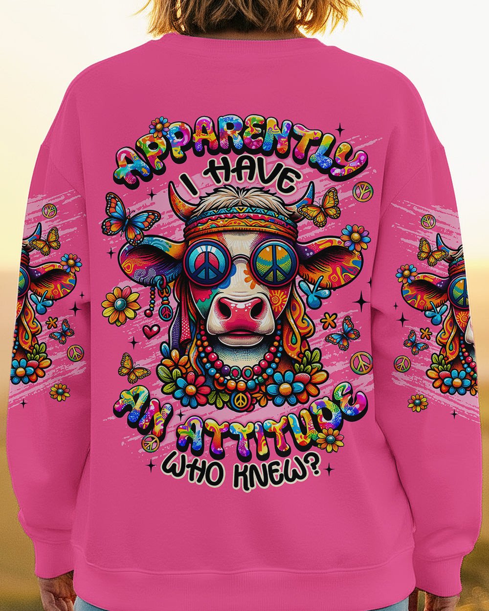 Cow Apparently I Have An Attitude Sweatshirt Colorful Cow With Peace Glasses Flowers Gift For Wife - Image 2