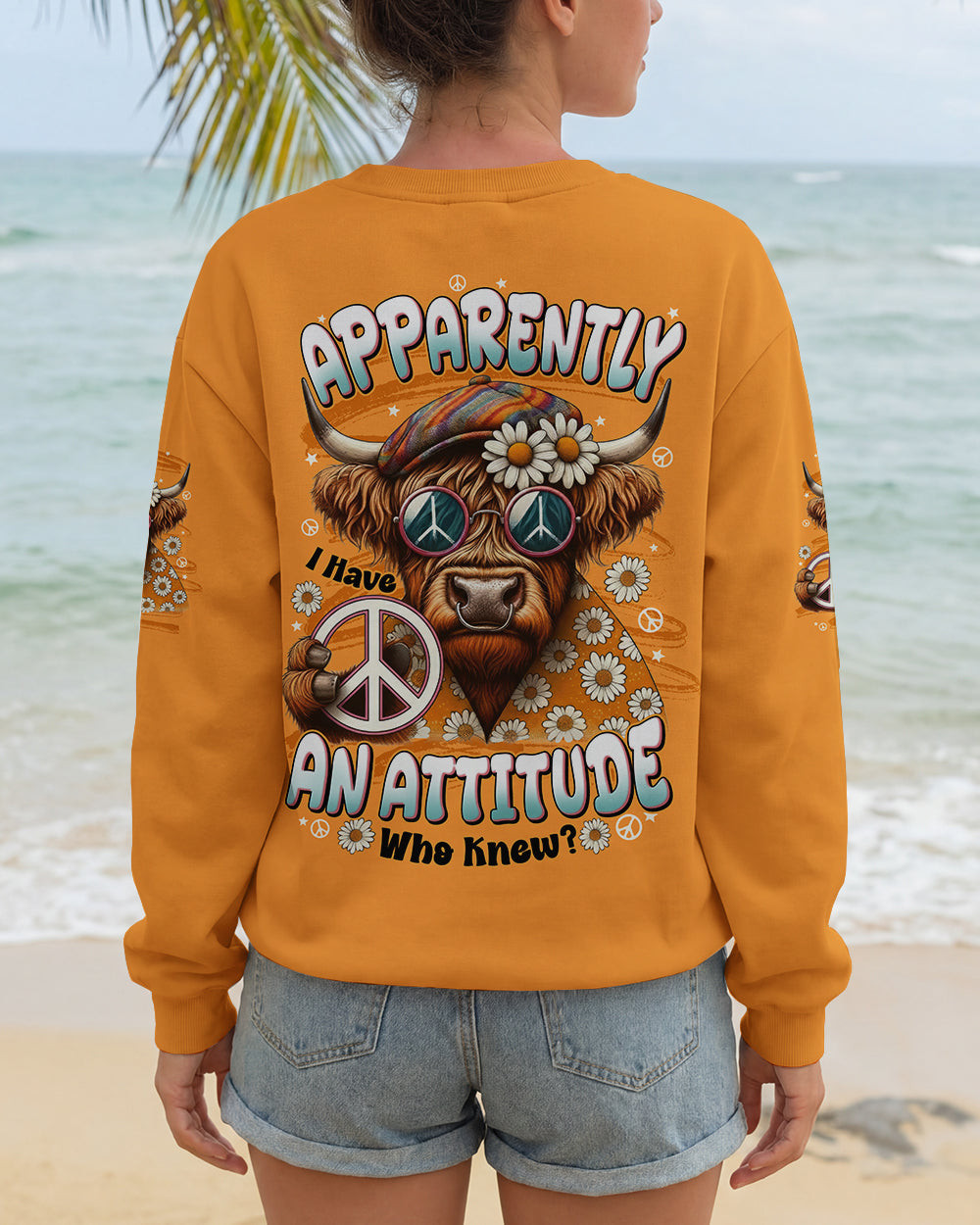 Cow Apparently I Have An Attitude Sweatshirt Peace Sign Daisy Flowers Merch Gift For Hippie Lover - Image 2