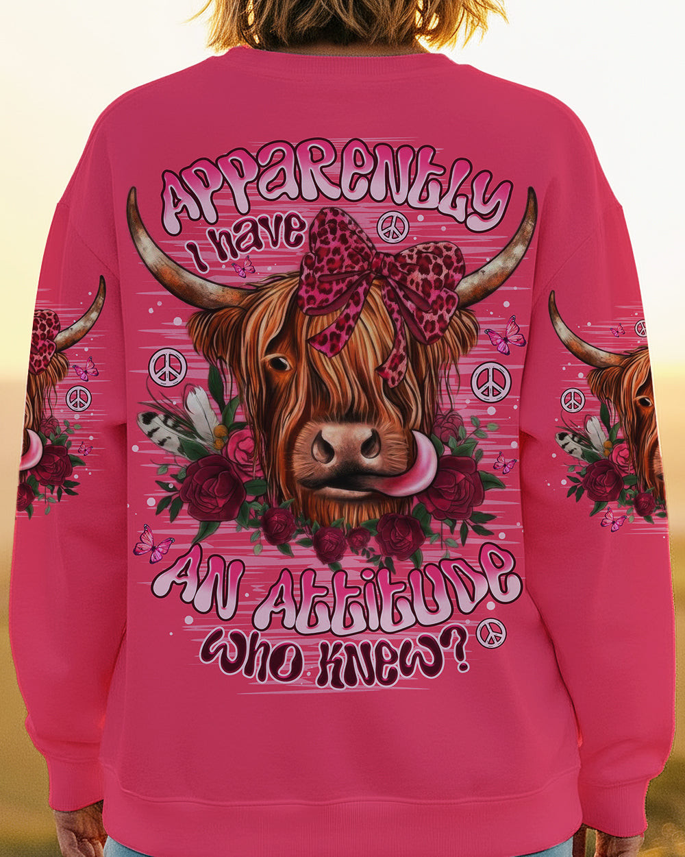 Cow Apparently I Have An Attitude Sweatshirt Sassy Cow With Pink Bow Roses Gift For Sisters - Image 2