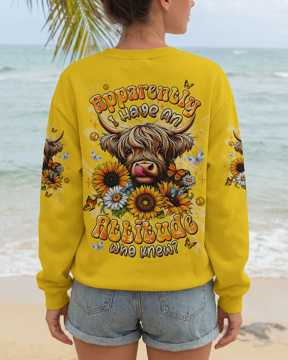 Cow Apparently I Have An Attitude Sweatshirt Sassy Cow With Sunflowers Butterflies Gift For Her - Image 2