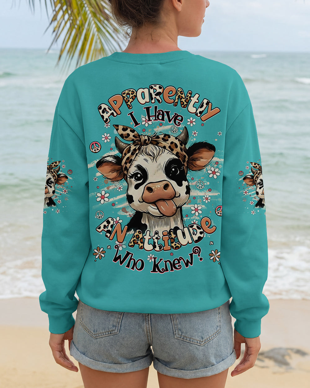 Cow Apparently I Have An Attitude Sweatshirt Spotted Cow With Leopard Bandana Gift For Cute Pet - Image 2