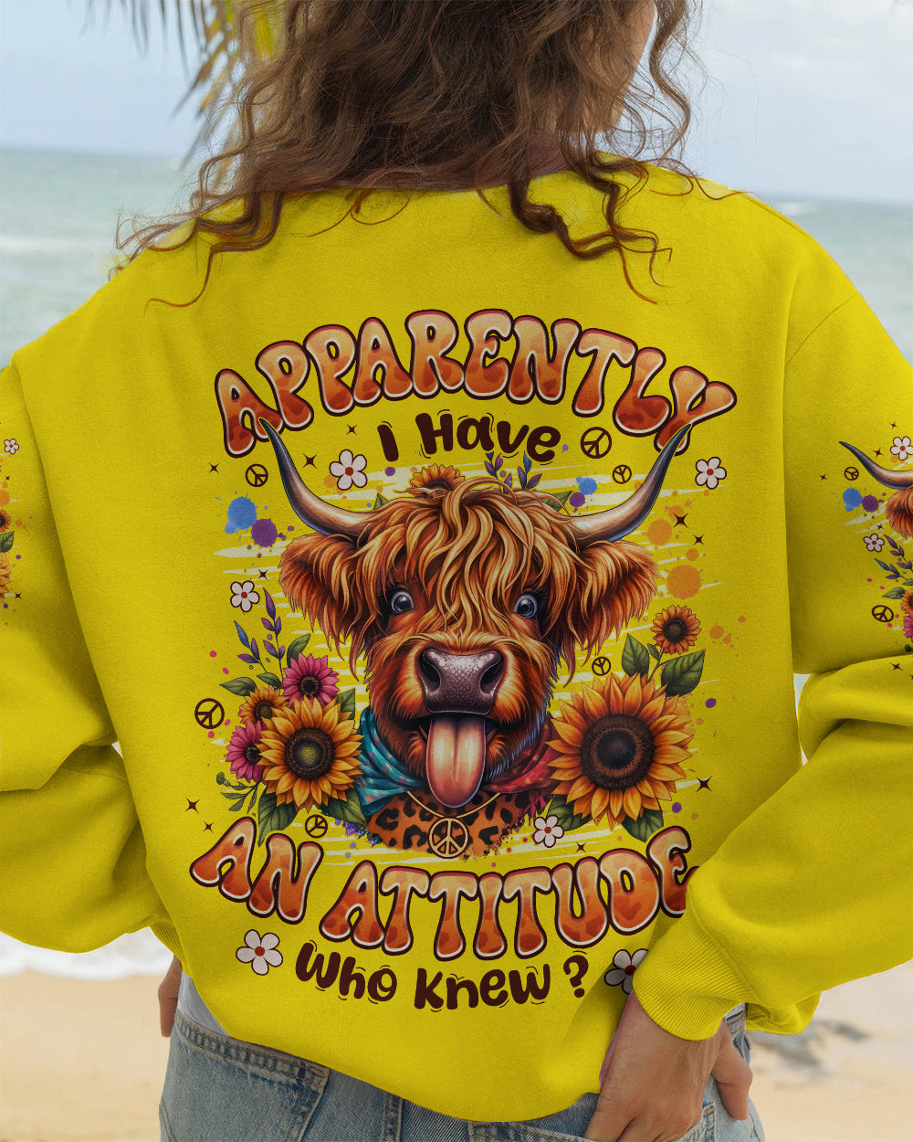 Cow Apparently I Have An Attitude Sweatshirt Sunflower And Peace Merch Gift For Highland Cow - Image 2