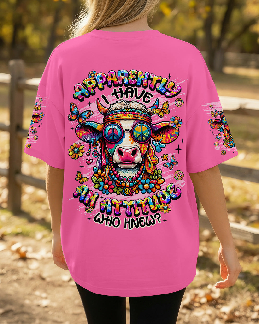 Cow Apparently I Have An Attitude T-Shirt Colorful Cow With Peace Glasses Flowers Gift For Wife - Image 2