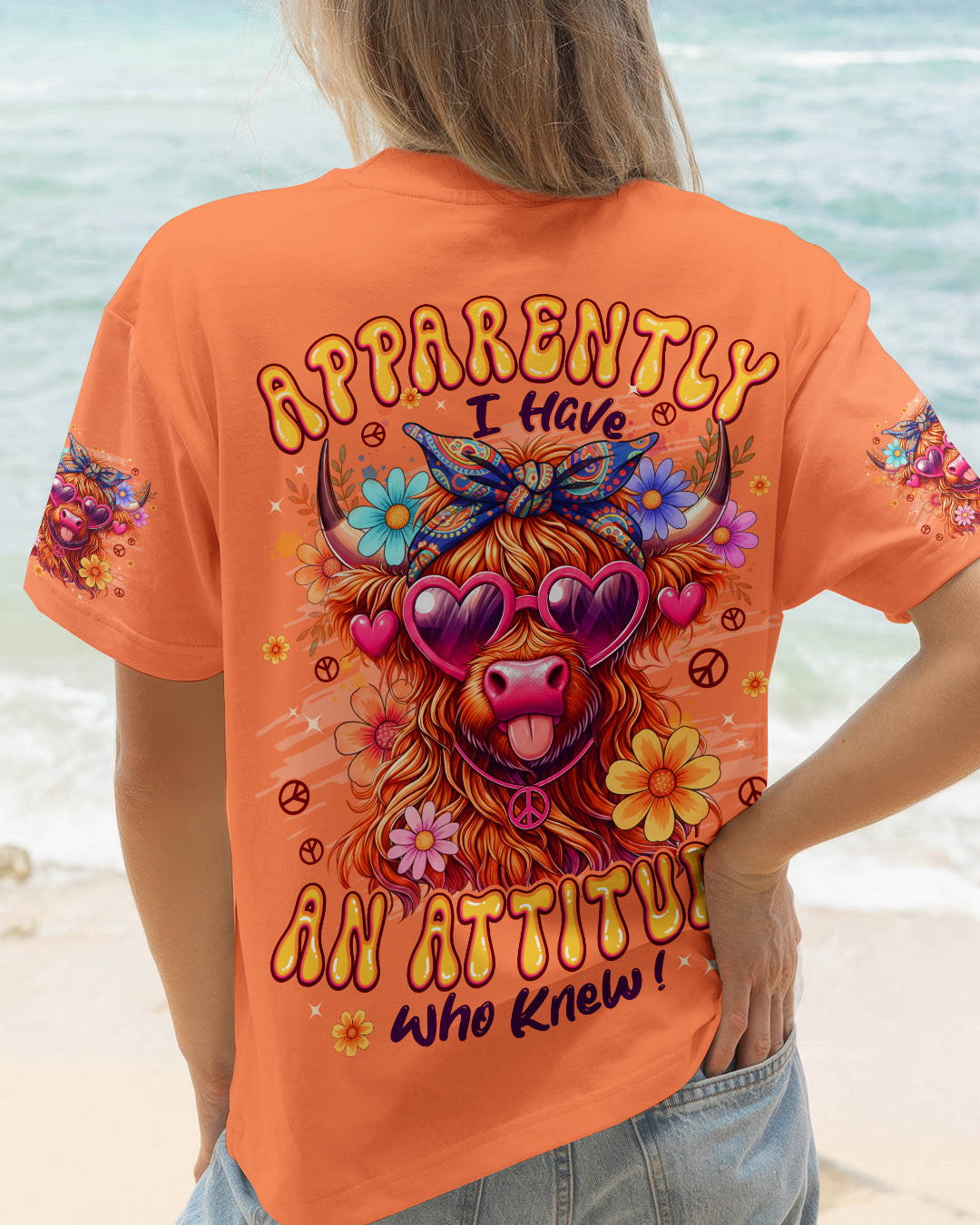 Cow Apparently I Have An Attitude T-Shirt Highland Cow With Heart Sunglasses Gift For Farm Lover