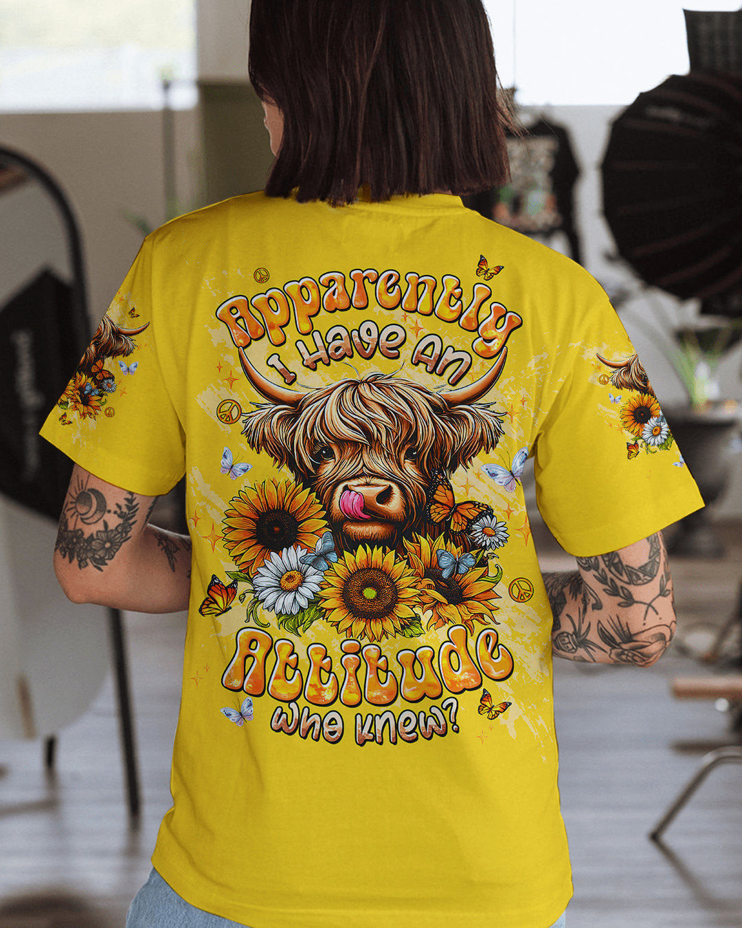 Cow Apparently I Have An Attitude T-Shirt Sassy Cow With Sunflowers Butterflies Gift For Sister - Image 2
