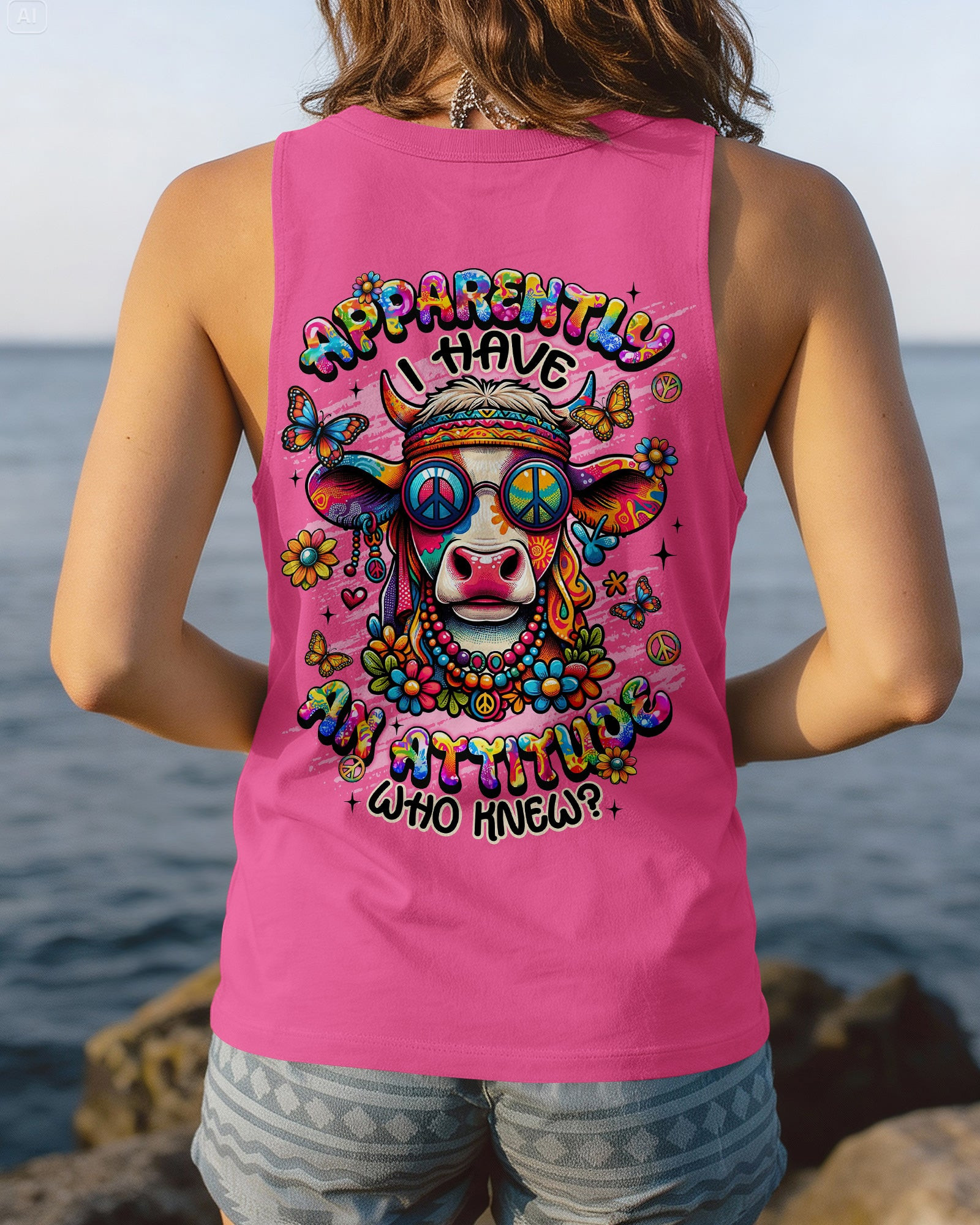 Cow Apparently I Have An Attitude Tank Top Colorful Cow With Peace Glasses Flowers Gift For Wife - Image 2