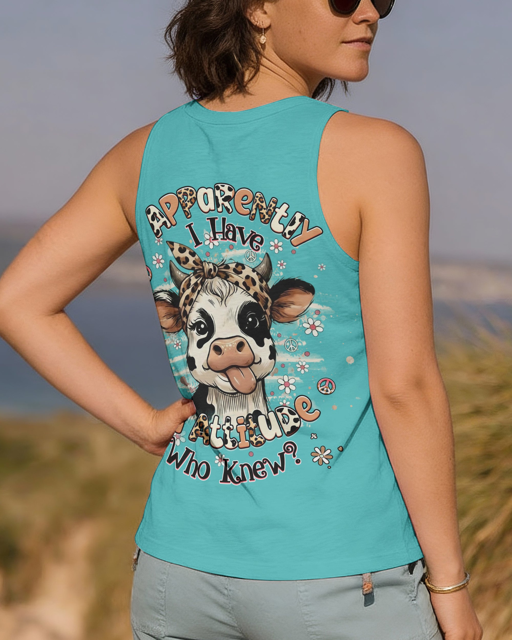 Cow Apparently I Have An Attitude Tank Top Cute Spotted Cow With Leopard Bandana Gift For Women - Image 2